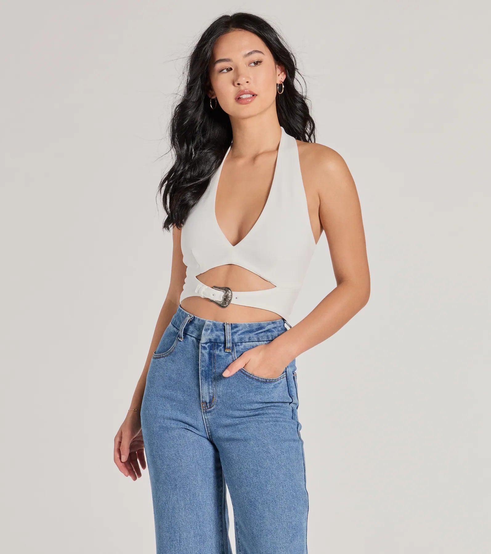 Edgy Vibe Buckle Detail Halter Crop Top