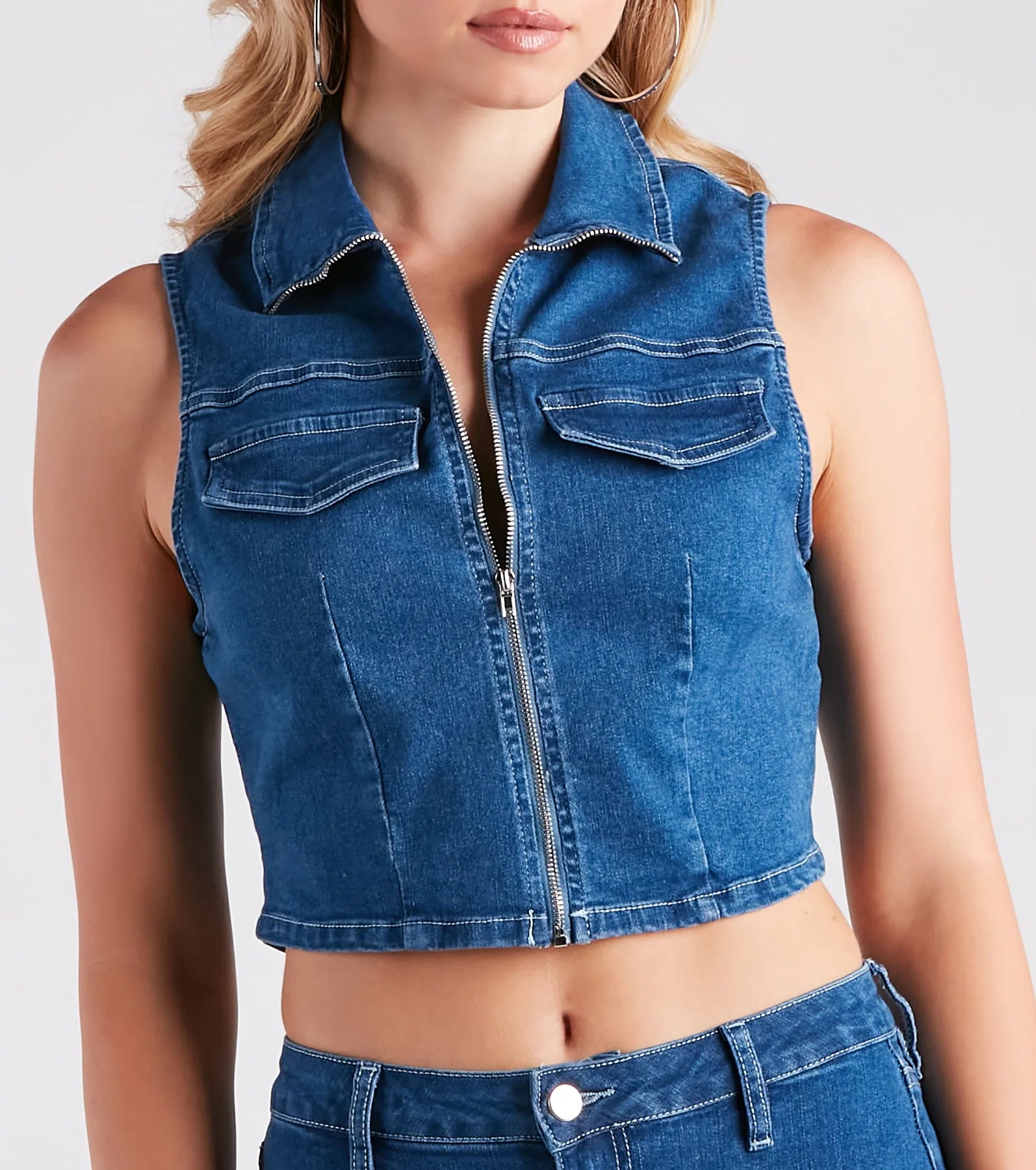 Cutie In Charge Sleeveless Denim Vest