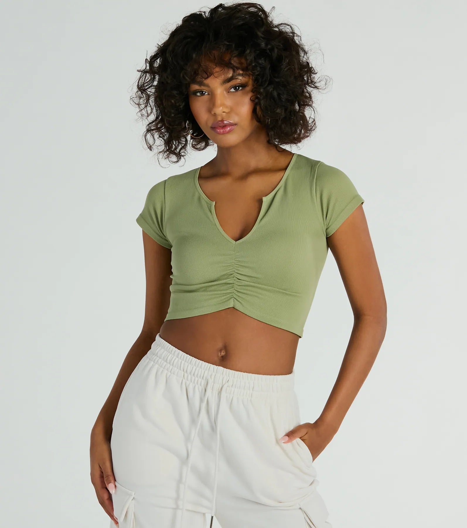 Sweetest Basic V-Neck Ruched Crop Top