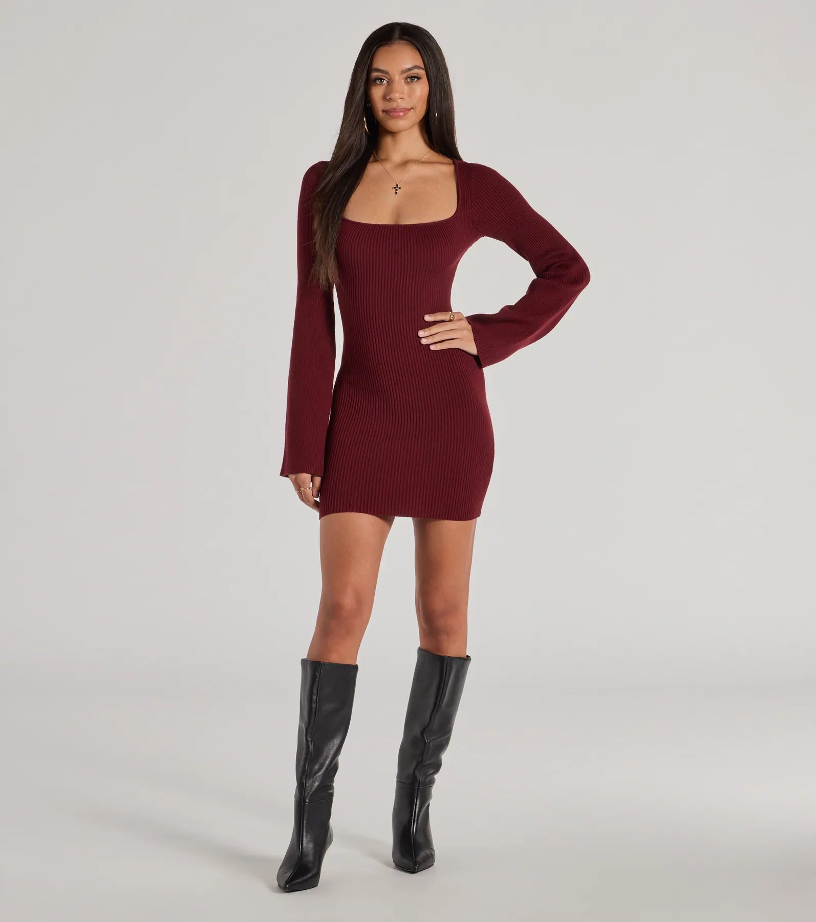 Seasonal Staple Ribbed Knit Bell Sleeve Mini Dress