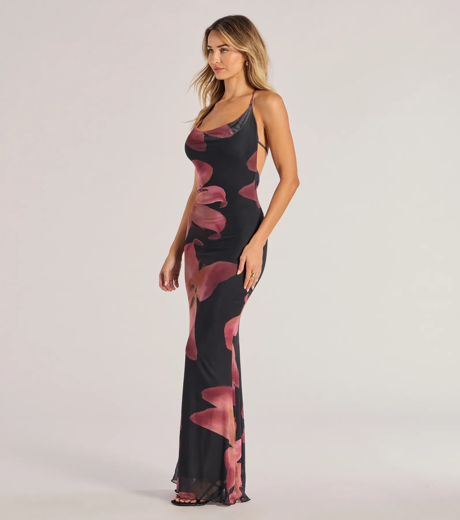 Pretty Blooms Floral Mesh Halter Maxi Dress