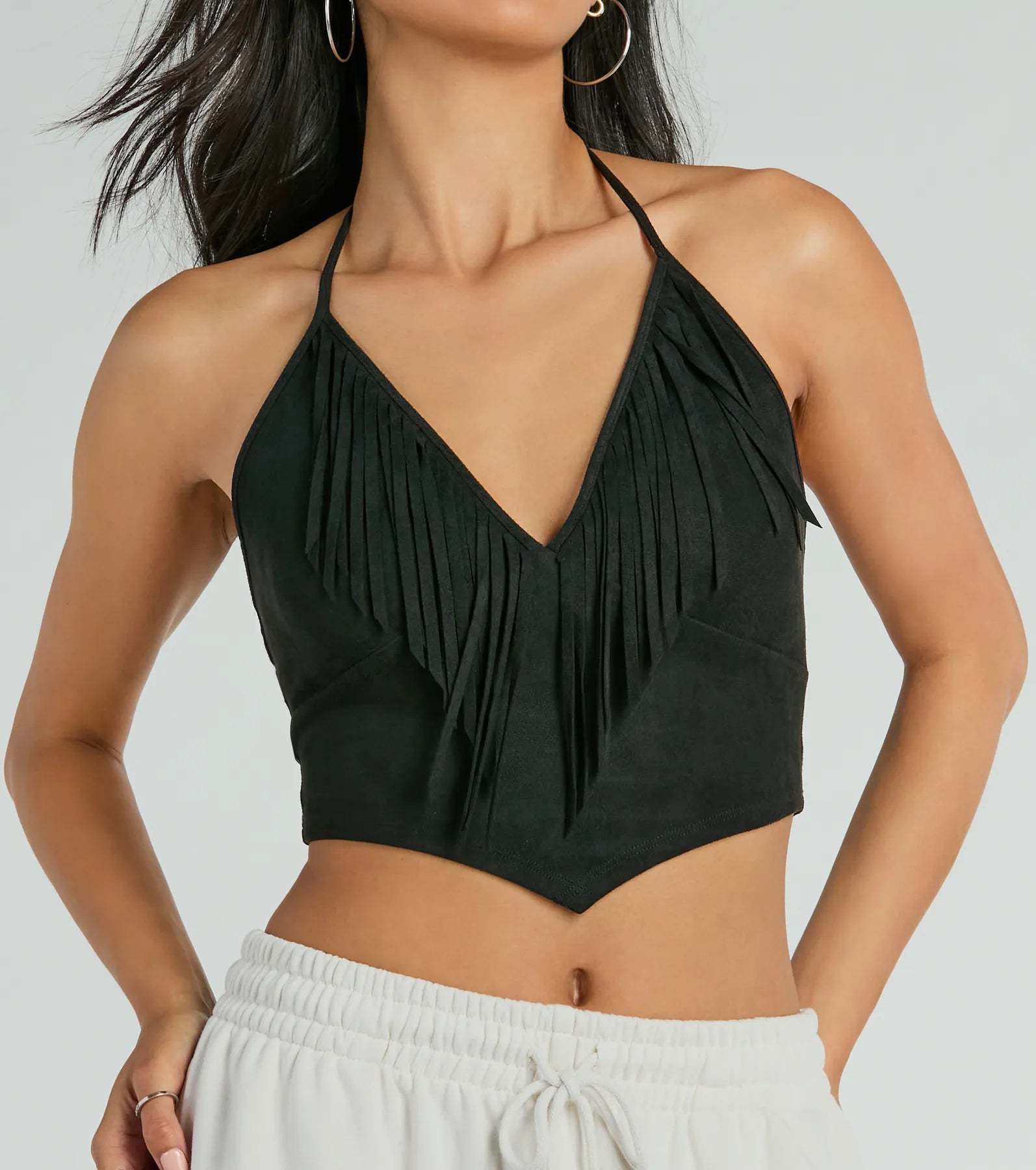 Festive Icon V-Neck Fringe Halter Faux Suede Crop Top