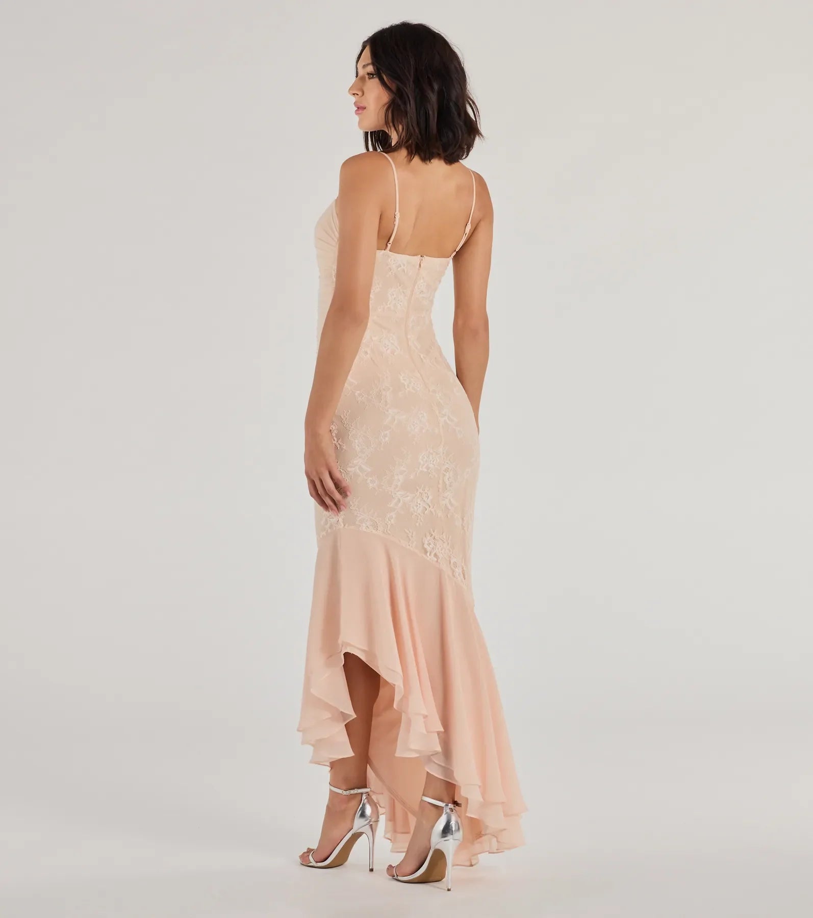 Brinley Lace Chiffon Asymmetric Mermaid Dress