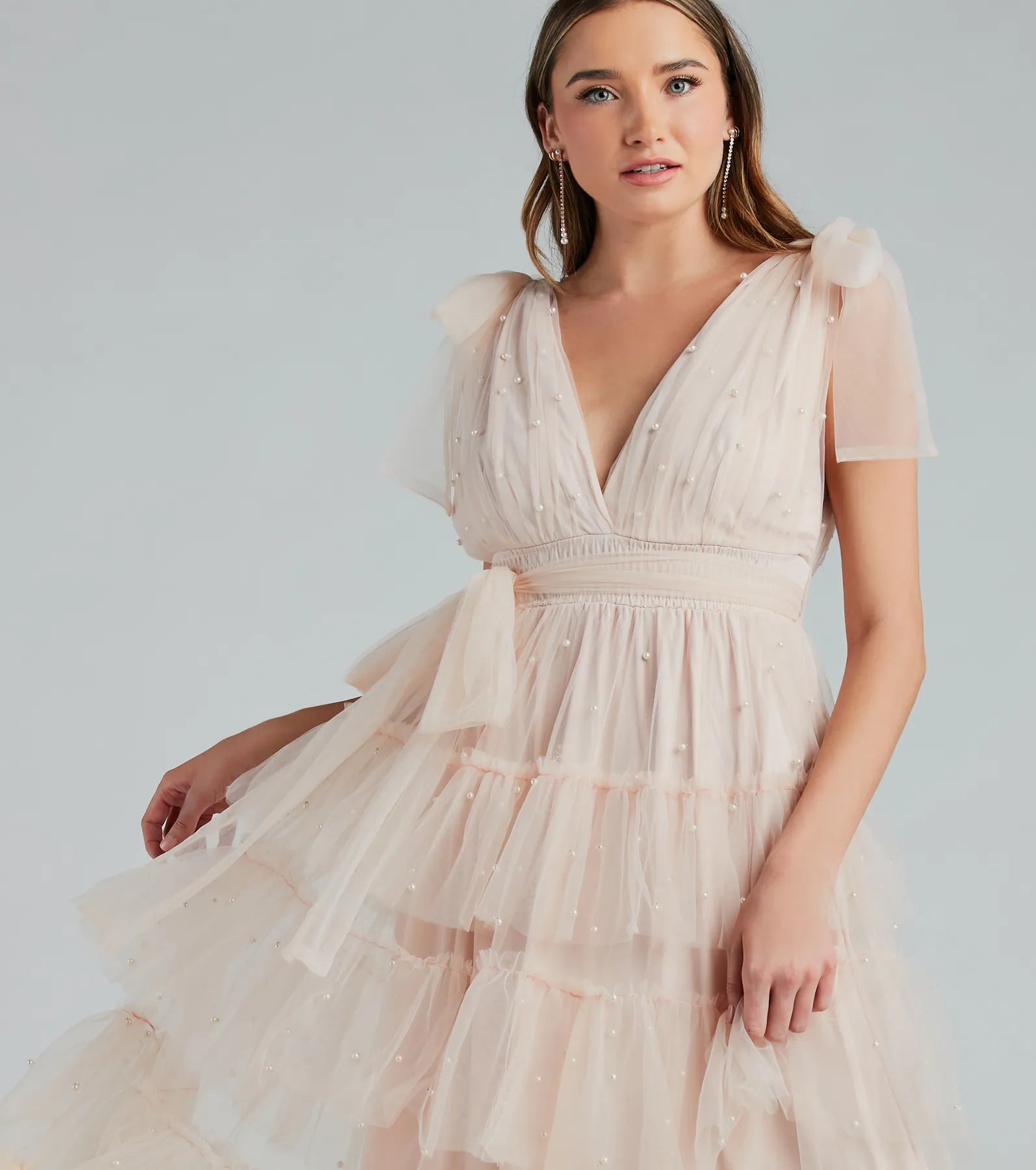 Adele Pearl Detail Ruffle Tulle Formal Dress