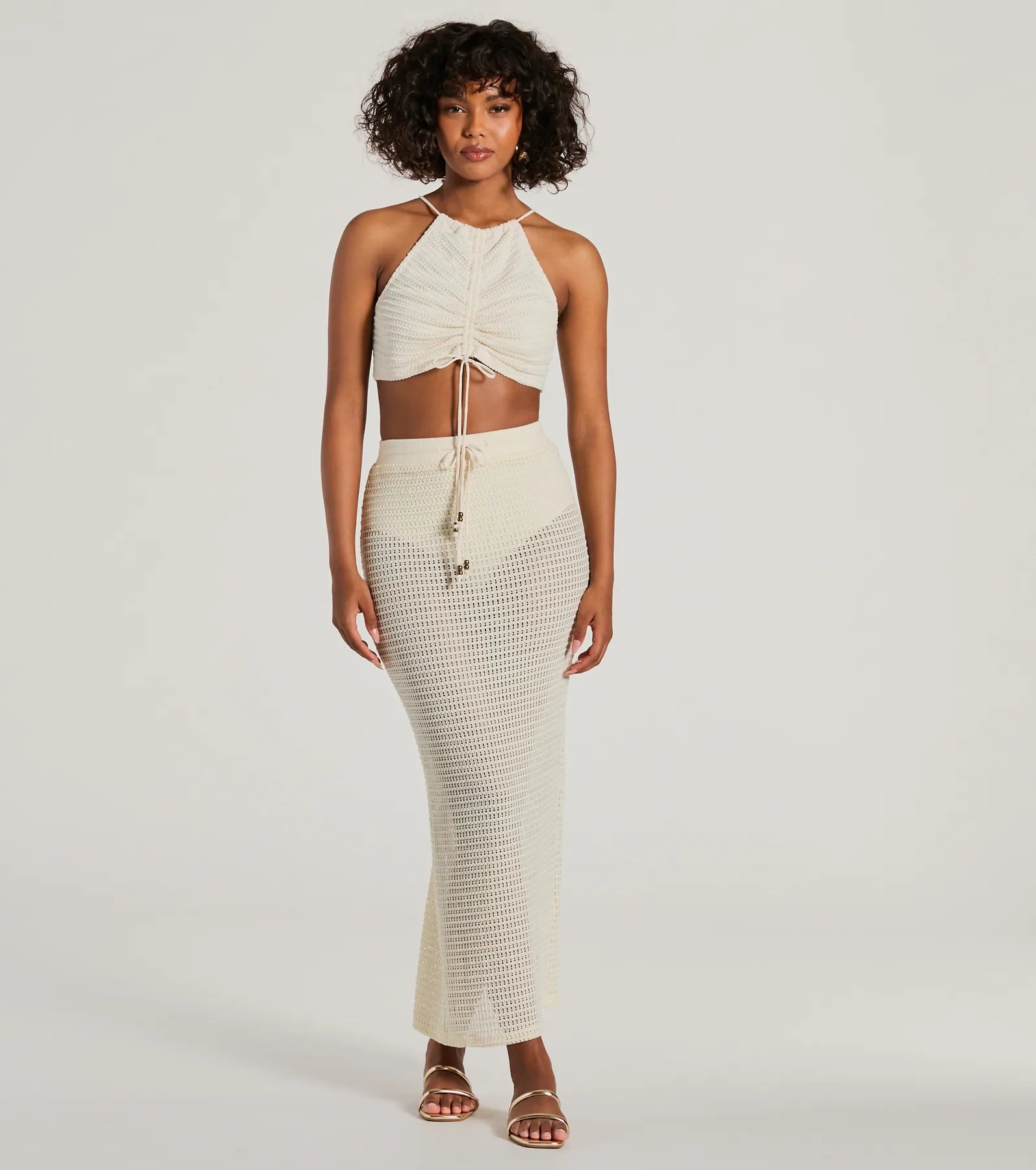 Sunny Chic Halter Ruched Crochet Crop Top