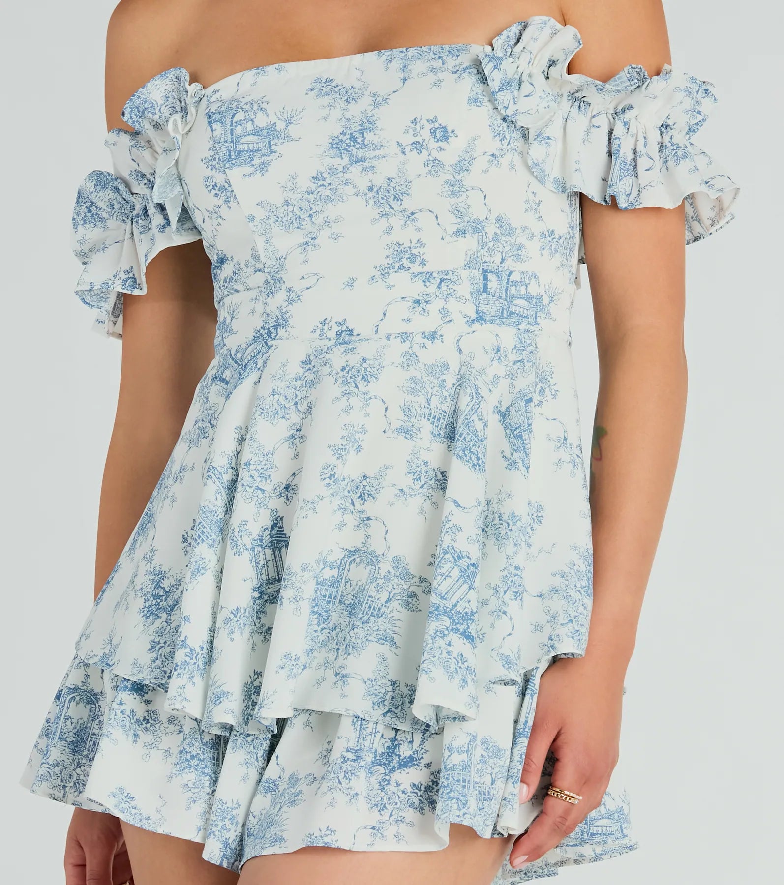 Pretty Girl Ruffled Off-The-Shoulder Scenic Print Romper