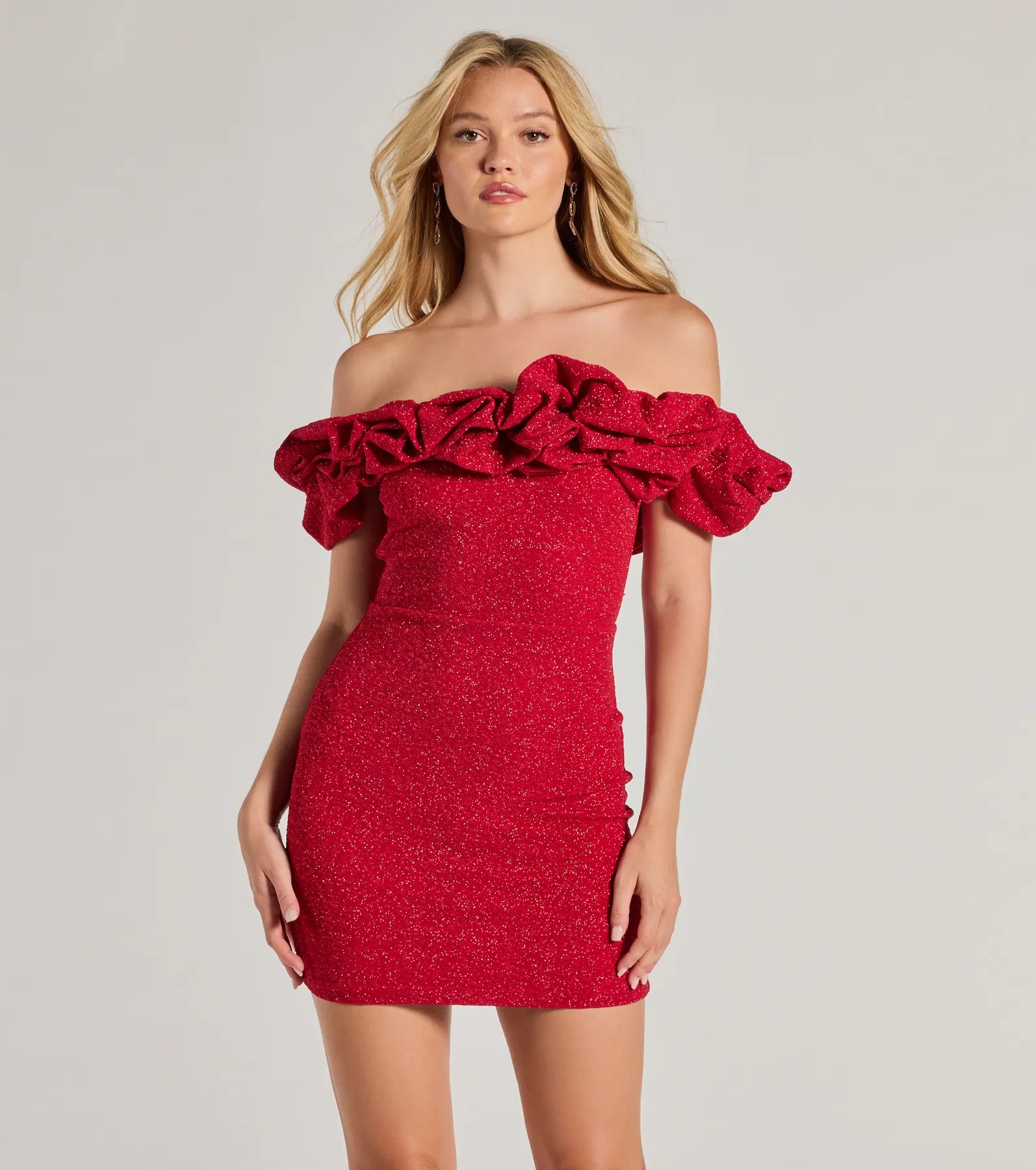 Ember Off-The-Shoulder Ruffle Glitter Party Dress