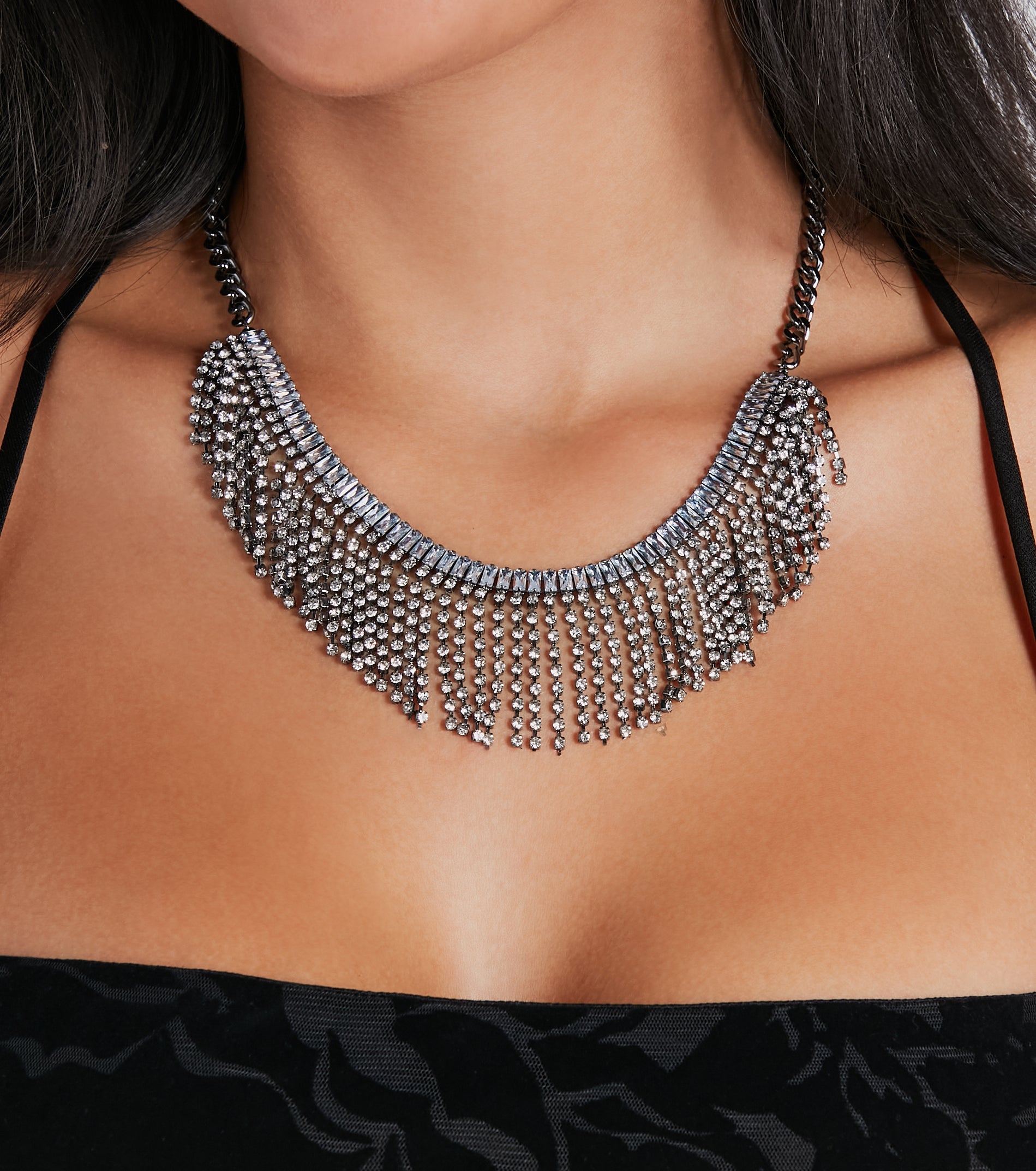 Major Glamour Rhinestone Fringe Necklace