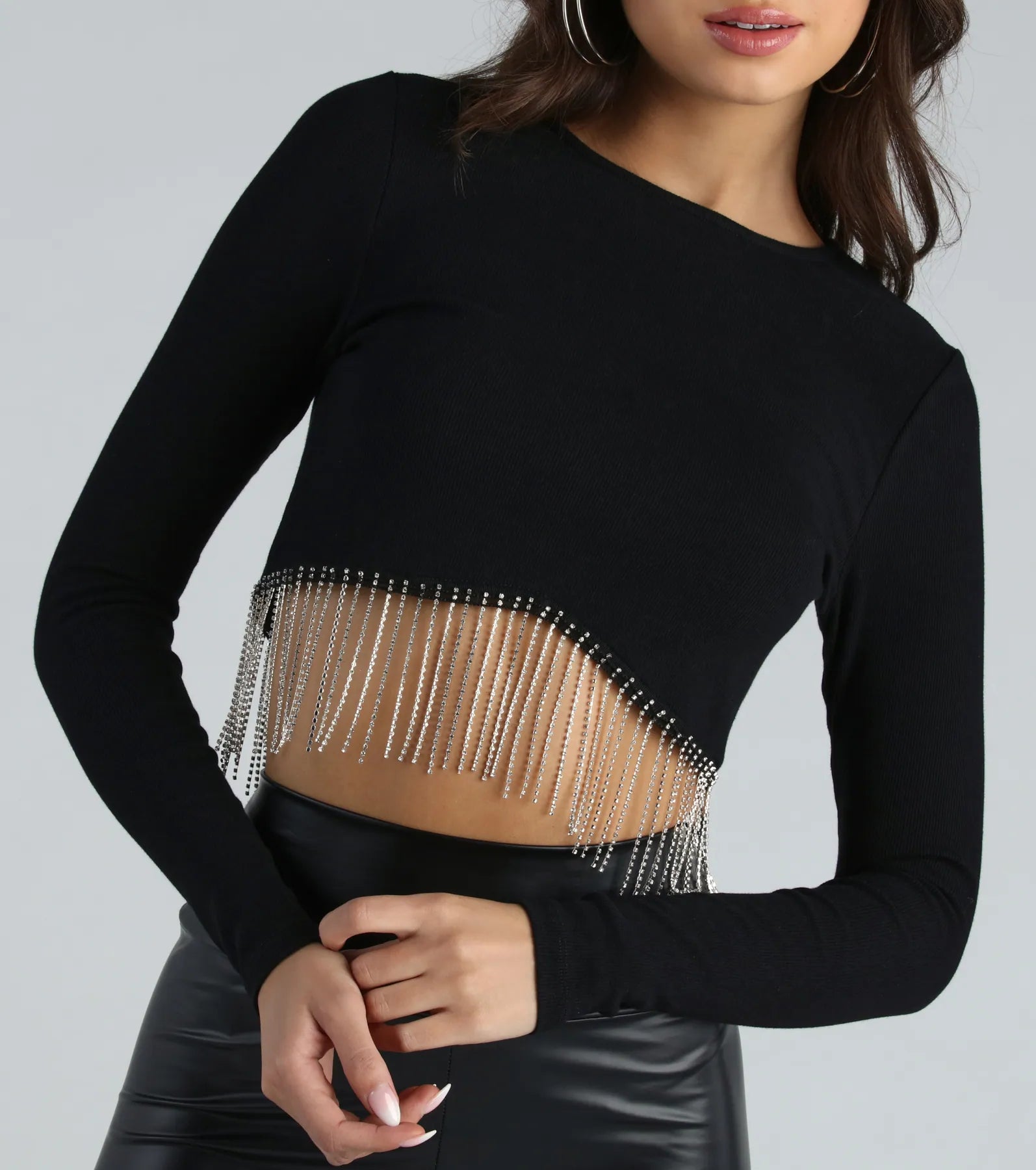 Glam Experince Rhinestone Fringe Crop Top