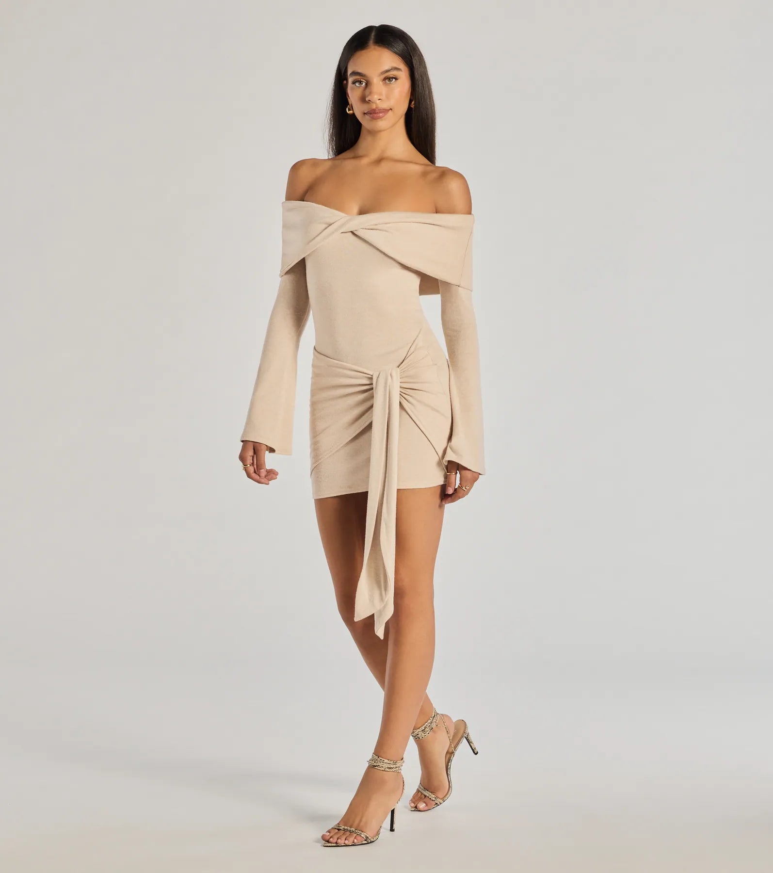 Flirty Twist Off-The-Shoulder Soft Knit Mini Dress