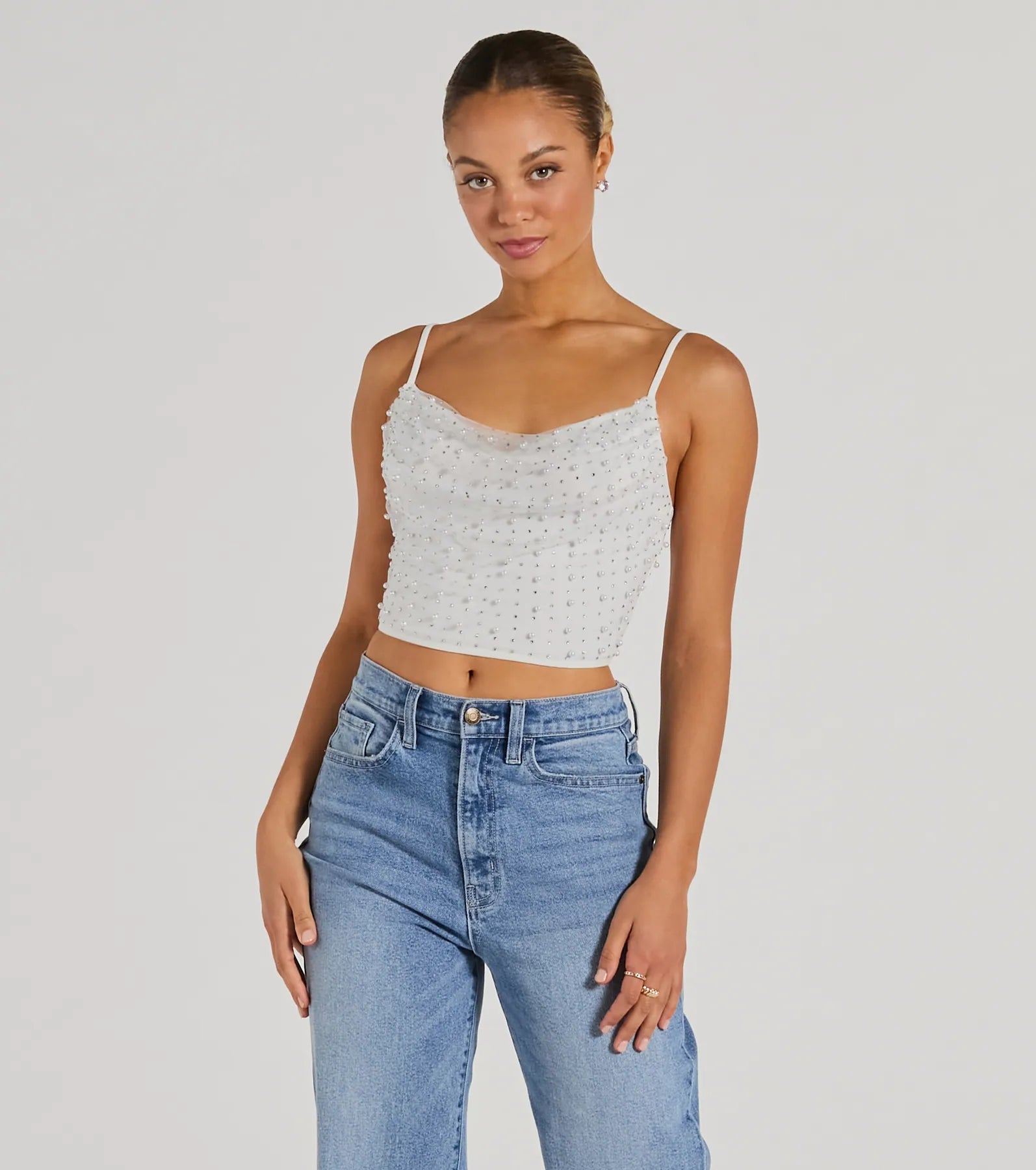 Little Moment For Faux Pearl Rhinestone Crop Top