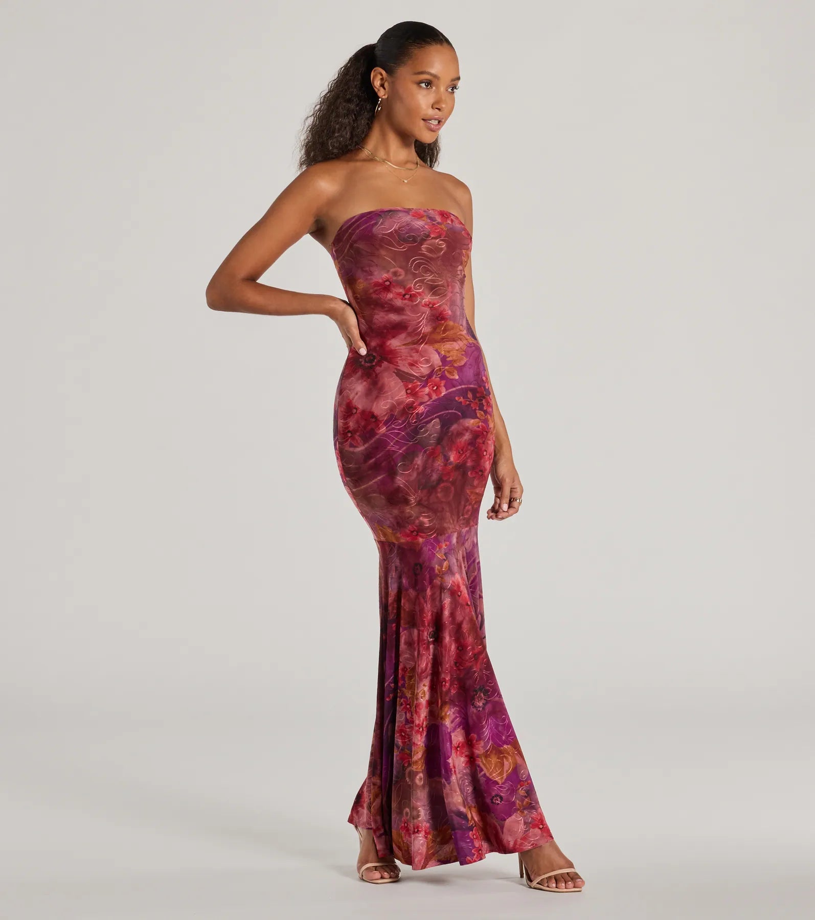 Gorgeous Aura Strapless Floral Tie-Dye Maxi Dress