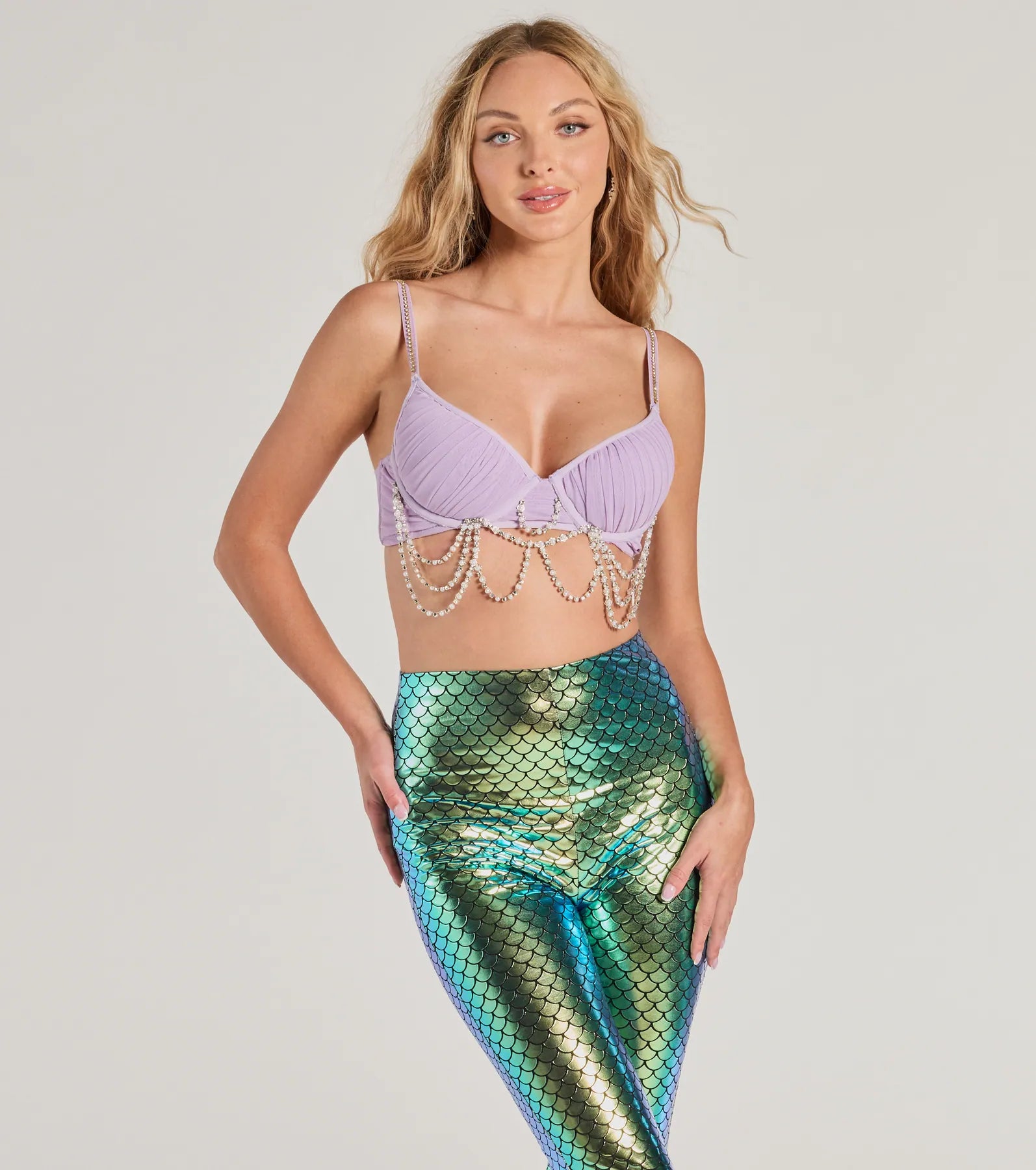 Mystical Mermaid Rhinestone And Pearl Trim Bra Top