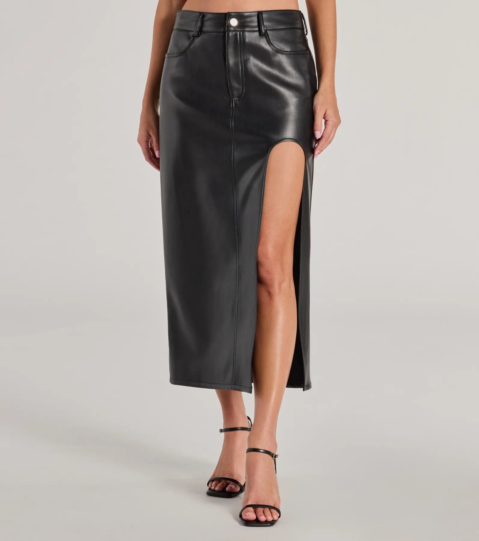 Sleek Era Faux Leather High Slit Midi Skirt