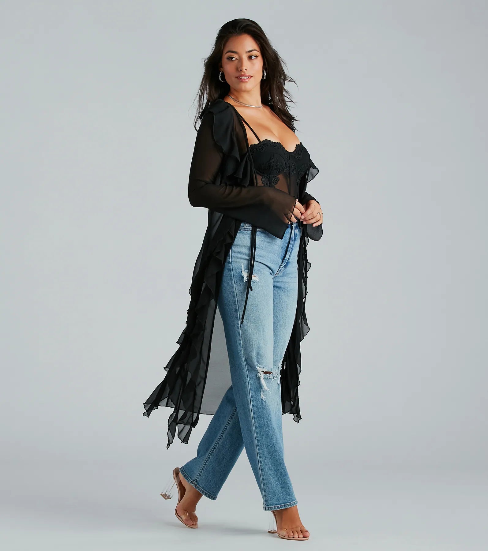 Mix And Mesh Chiffon Ruffle Long Duster