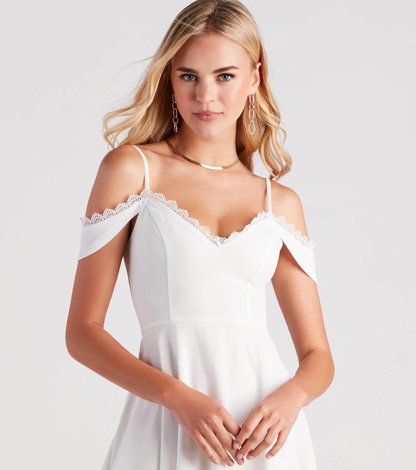 Flow My Way Chiffon Lace Trim Skater Dress