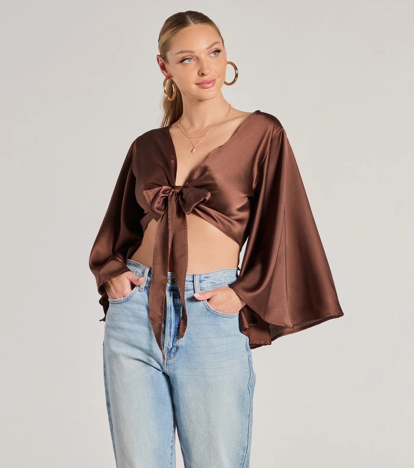 Silky Satin Tie Front Crop Top