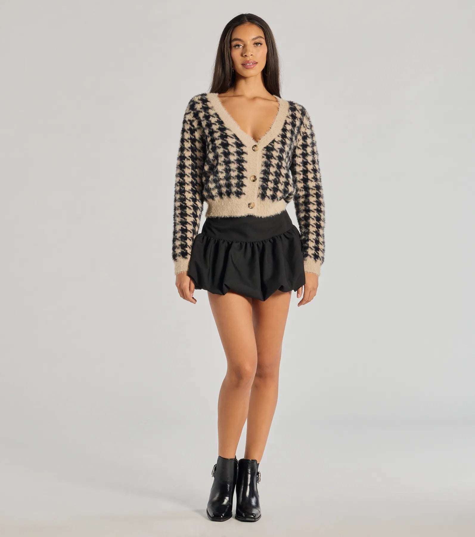 Polished Cozy Houndstooth Eyelash Knit Cardigan