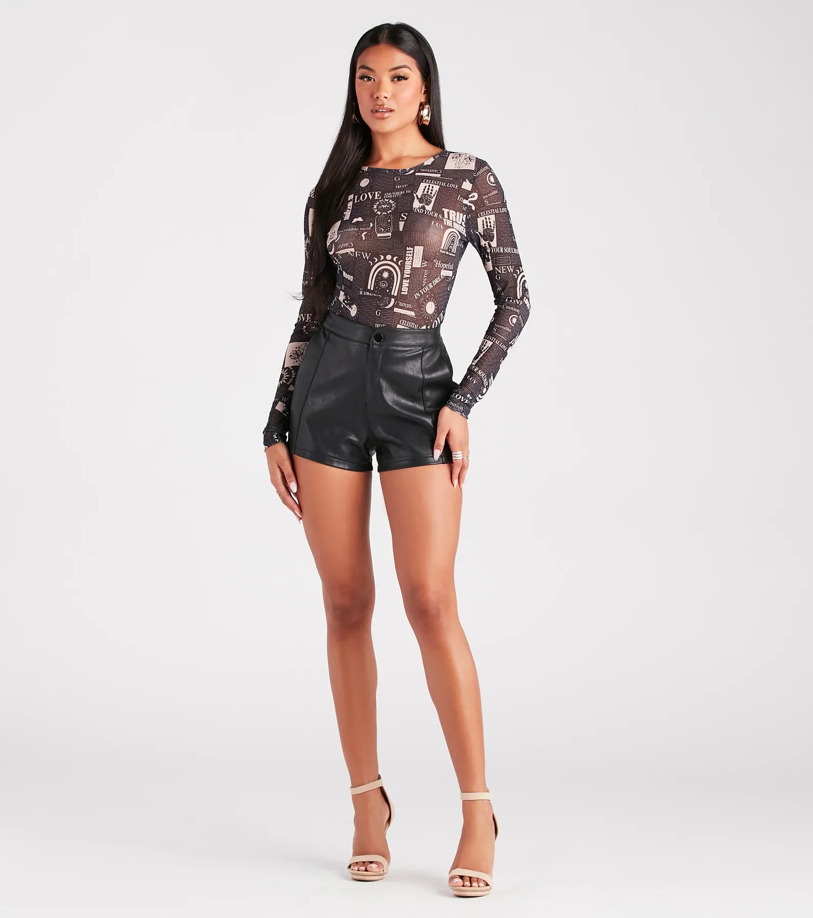 Must Be Fate Mesh Celestial Newsprint Bodysuit