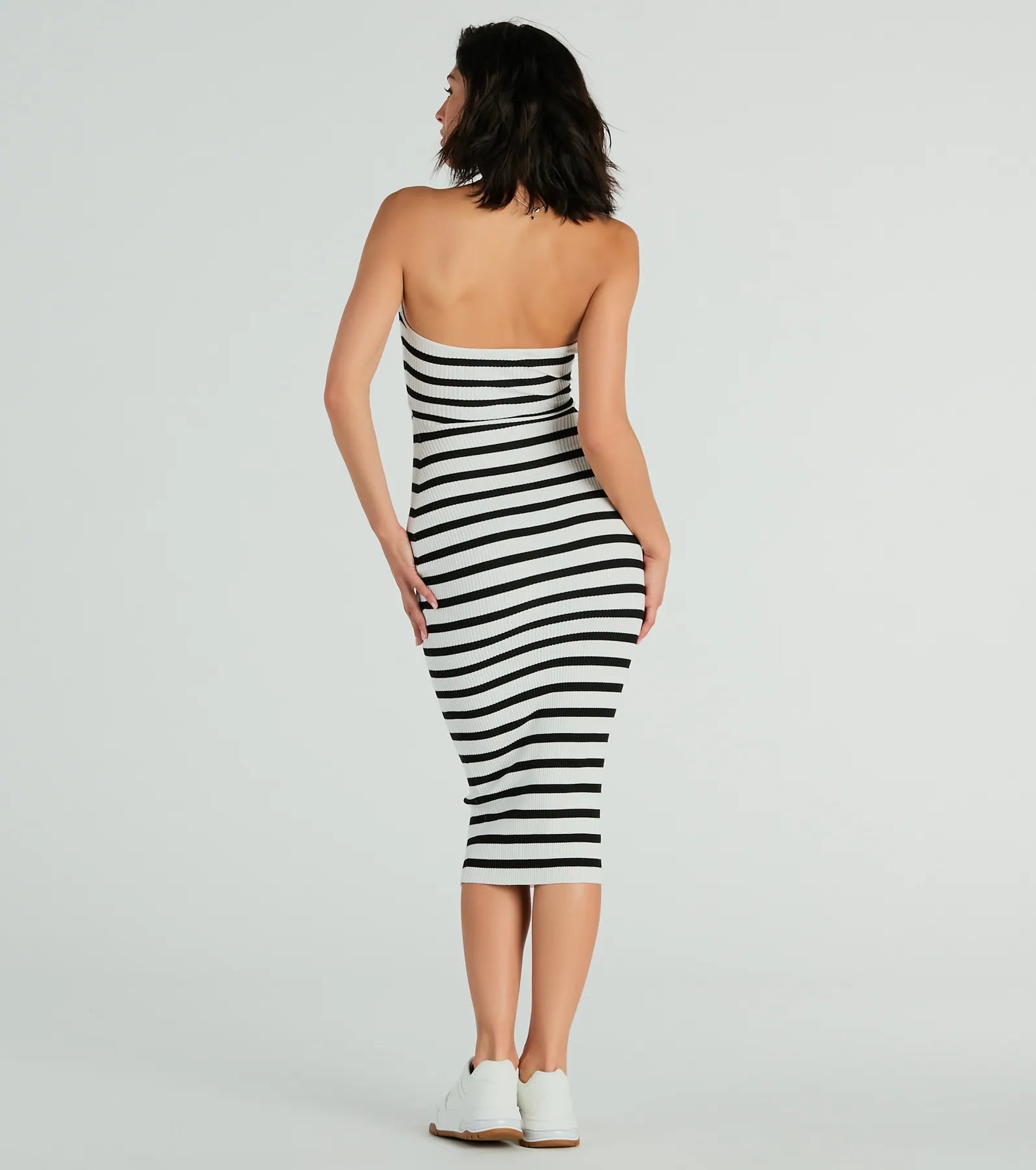 Babe In Stripes Strapless Cutout Ribbed Knit Midi Dress