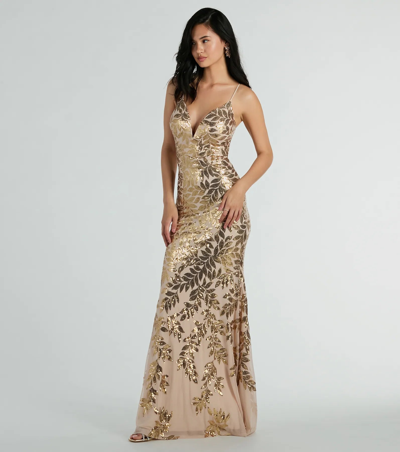 Brie Formal Sequin Leaf Plunge Mermaid Dress