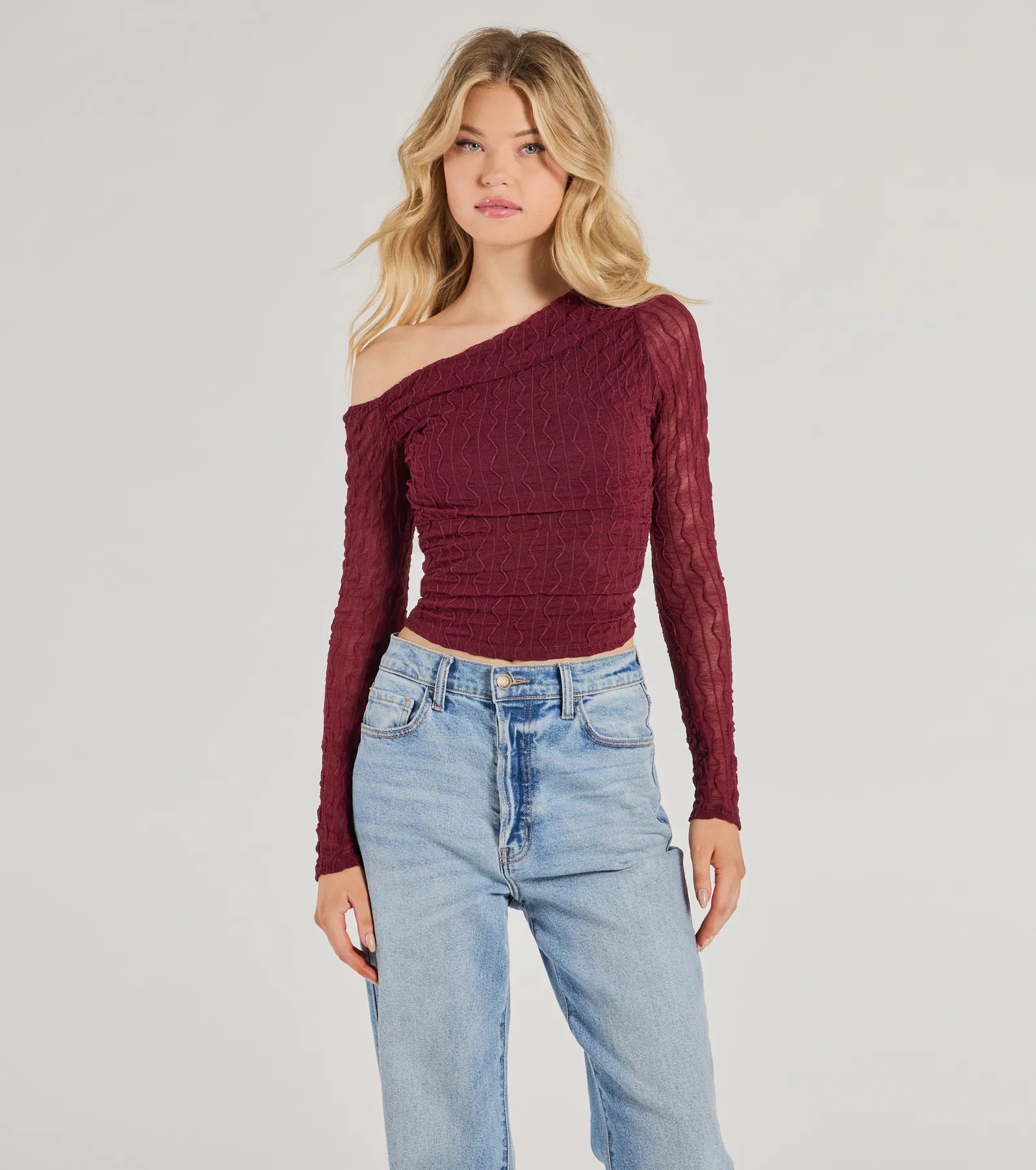 Elevated Trend Mesh Off-Shoulder Long Sleeve Top