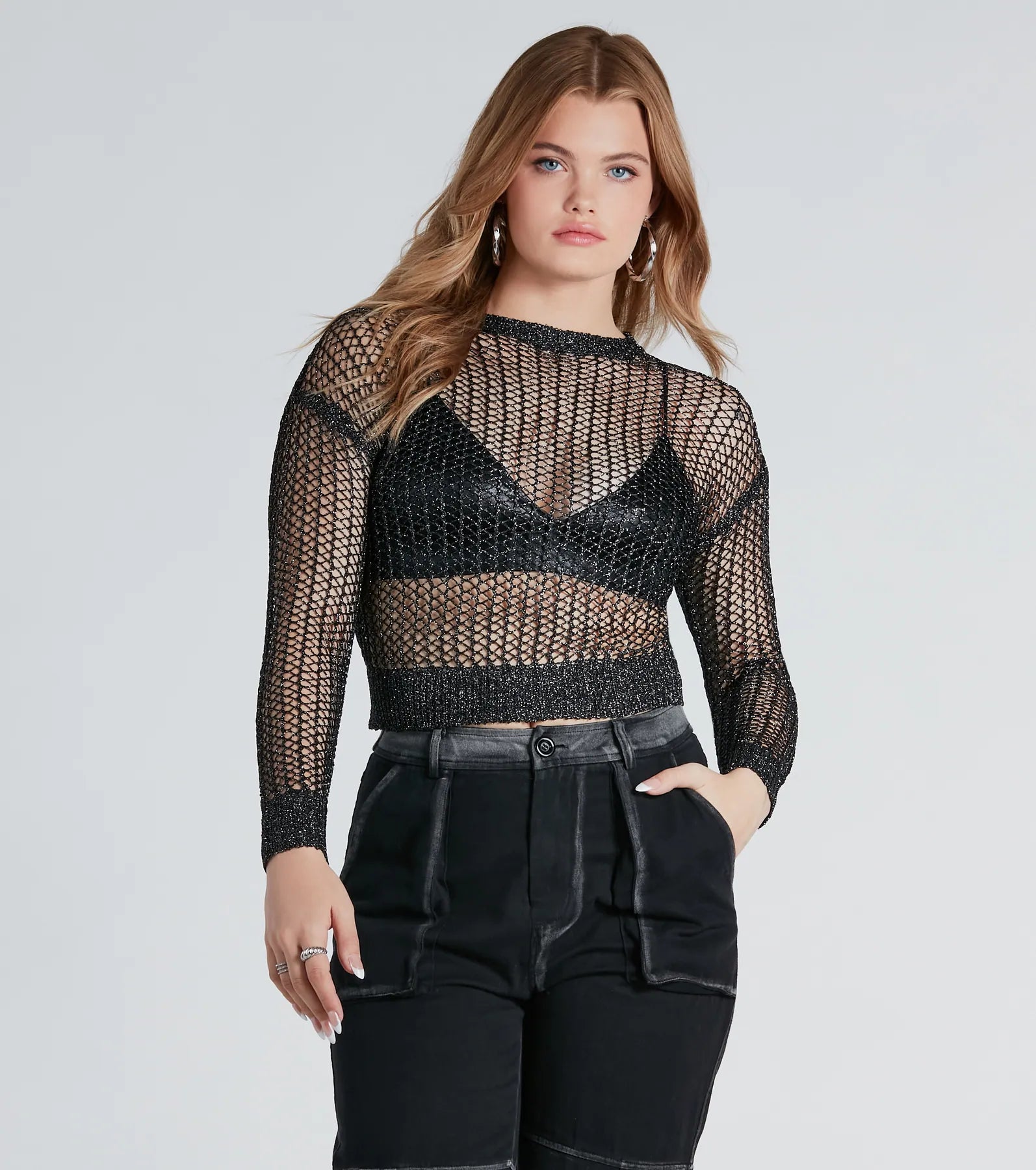 Luxurious Twist Fishnet Sweater With Bralette