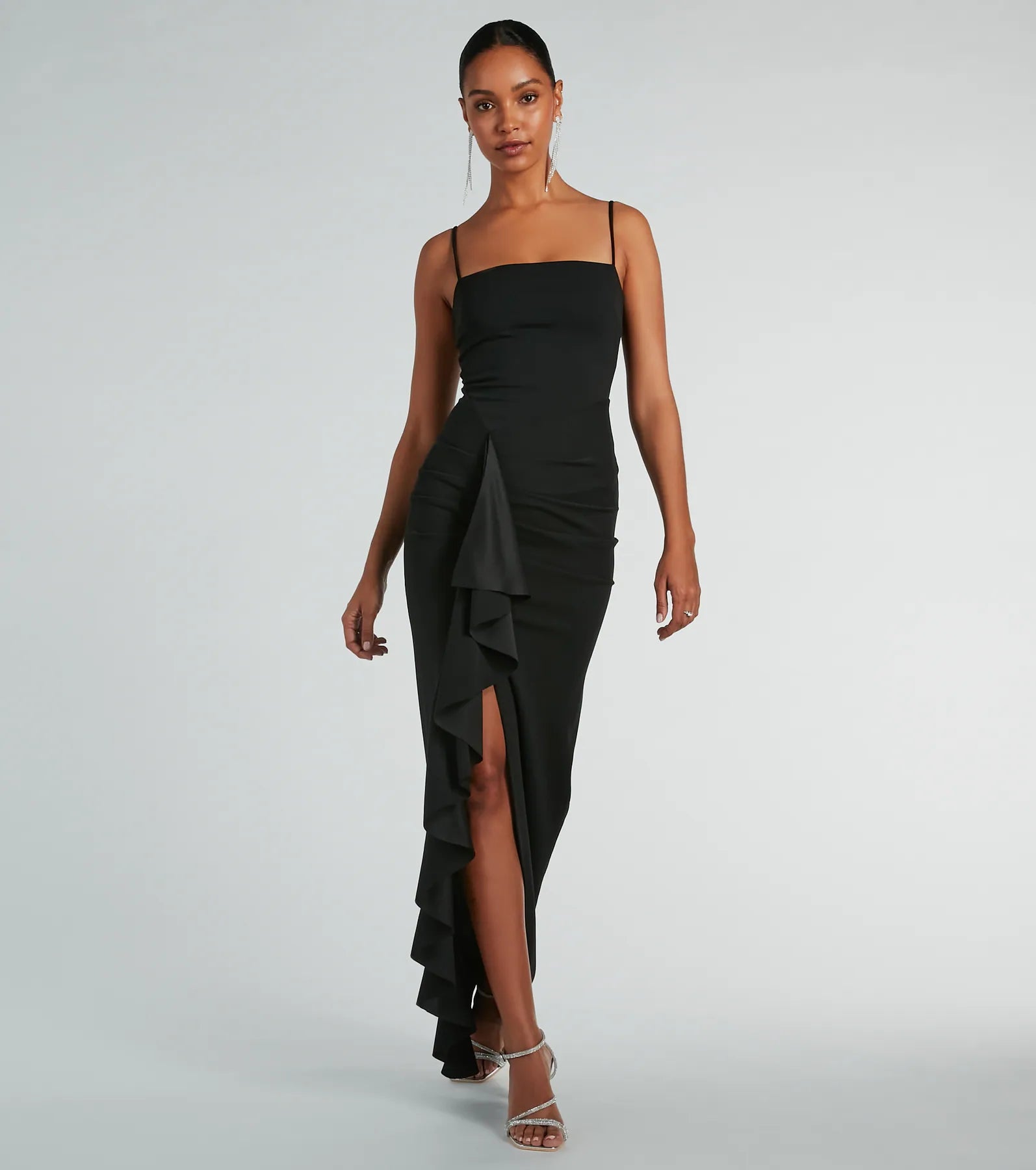 Maggie Ruffled High Slit Crepe Formal Dress