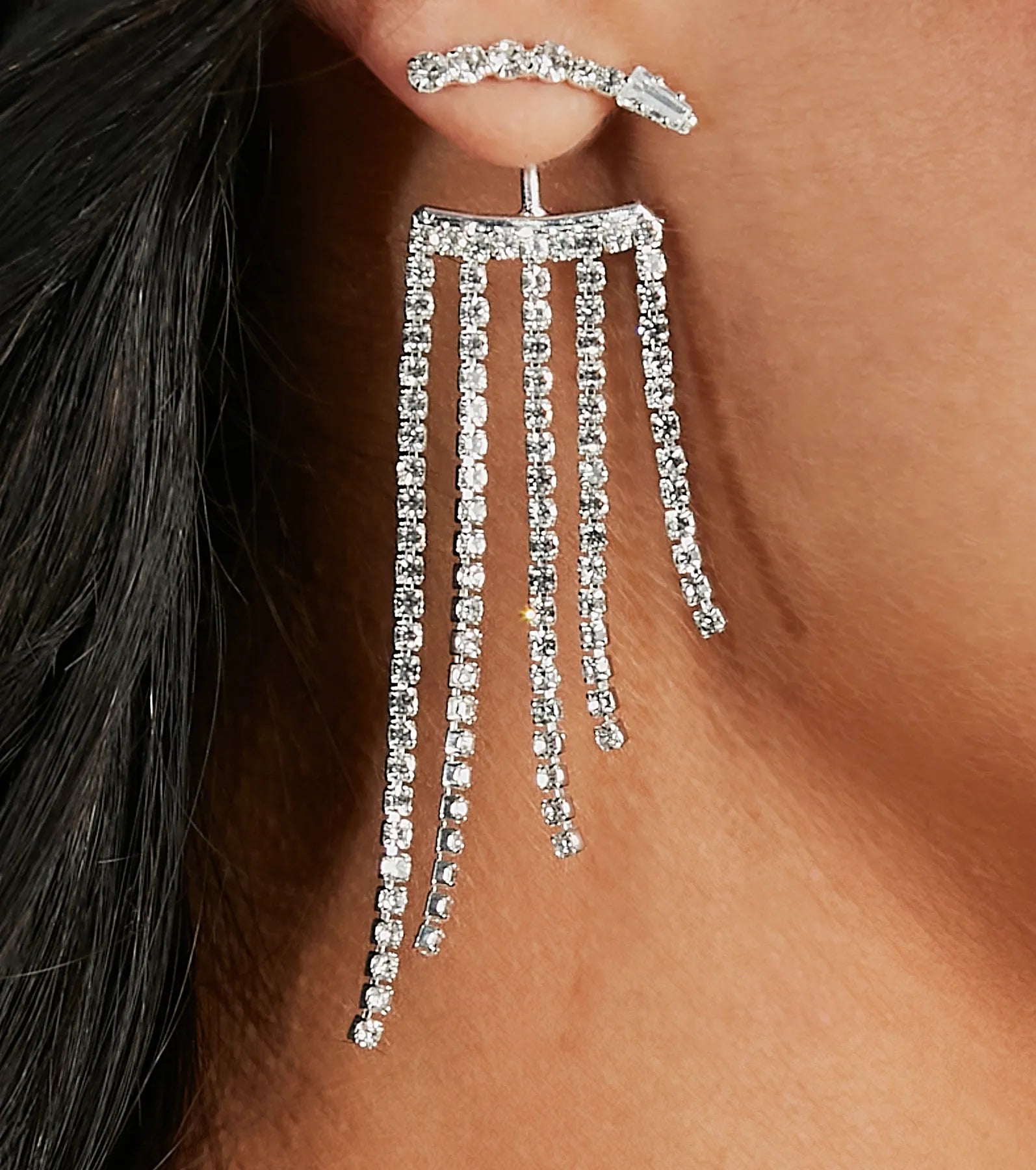 Flashy Glam Rhinestone Fringe Front-To-Back Earrings