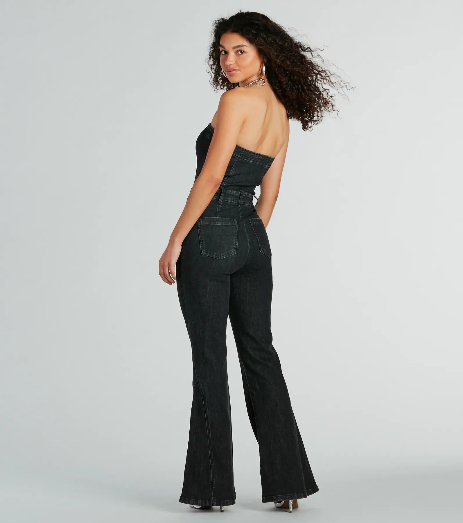 Flirty Retro Strapless Flare Denim Jumpsuit