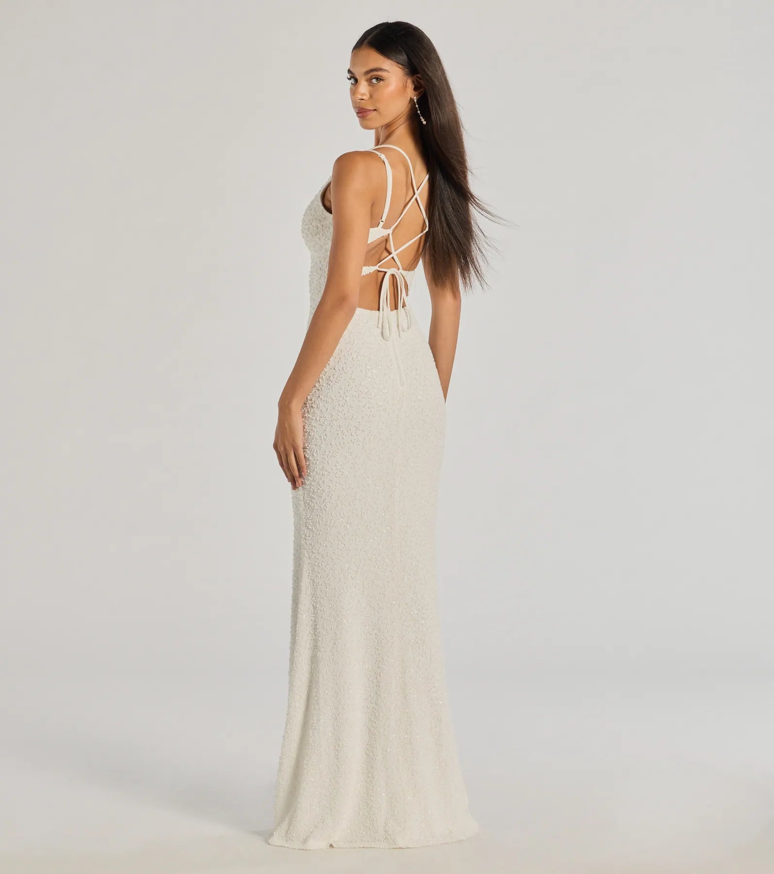 Danni Lace-Up Beaded Lace Mermaid Dress