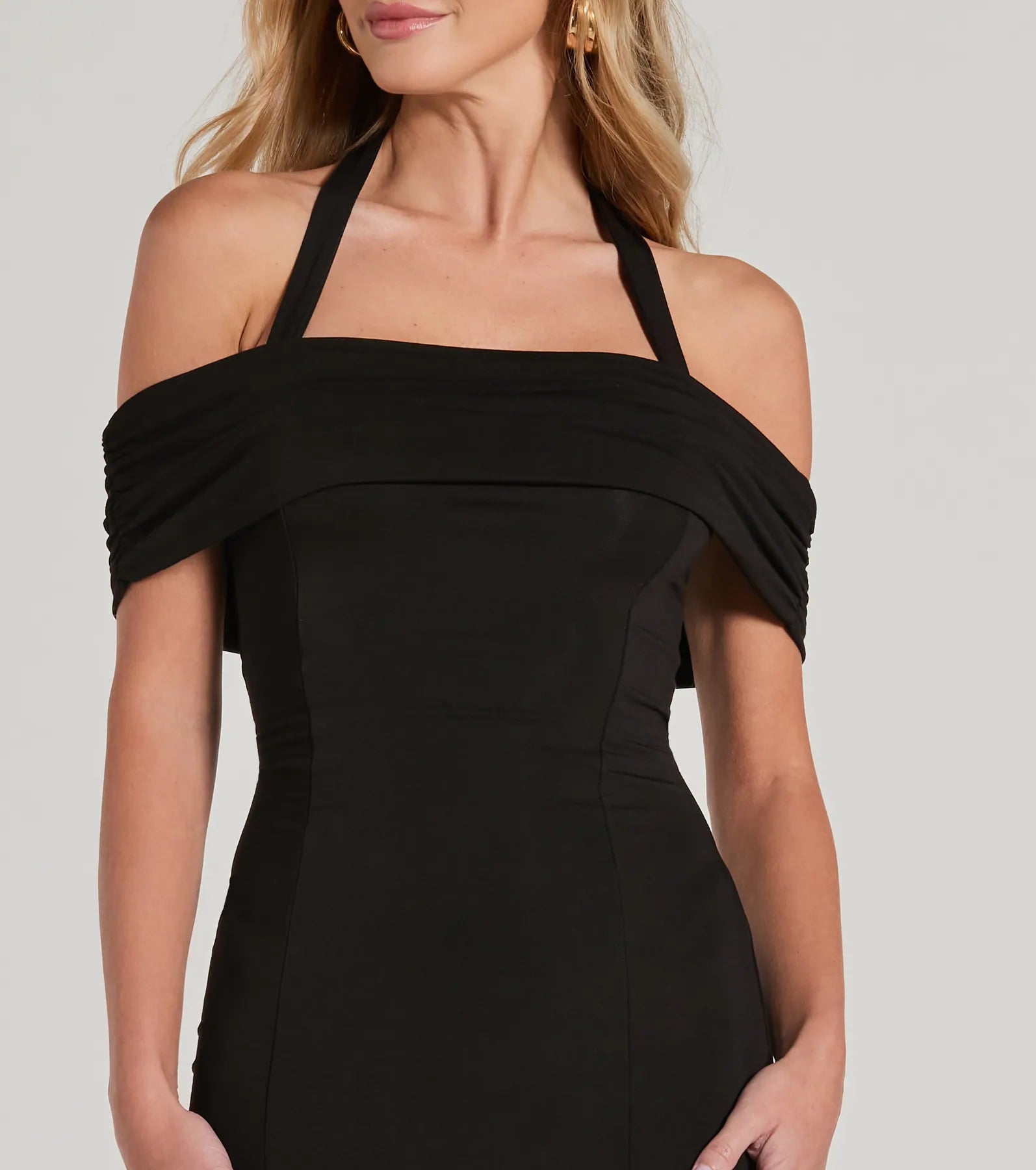 Dial F For Flirty Off-The-Shoulder Halter Midi Dress