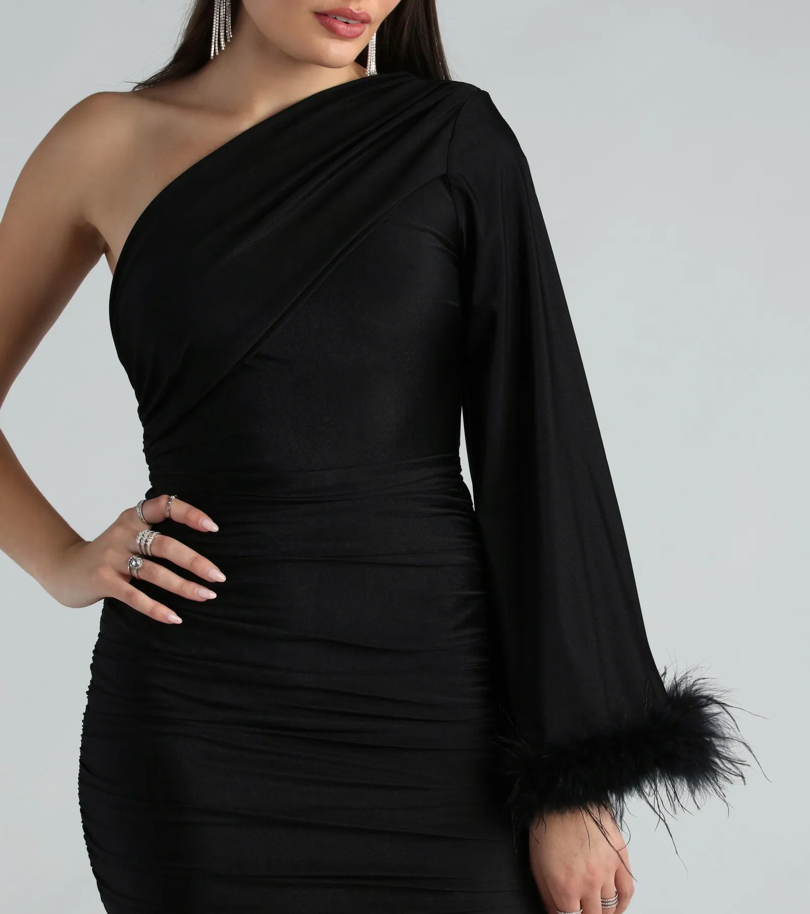 Brielle One-Shoulder Marabou Feather Trim Mini Dress