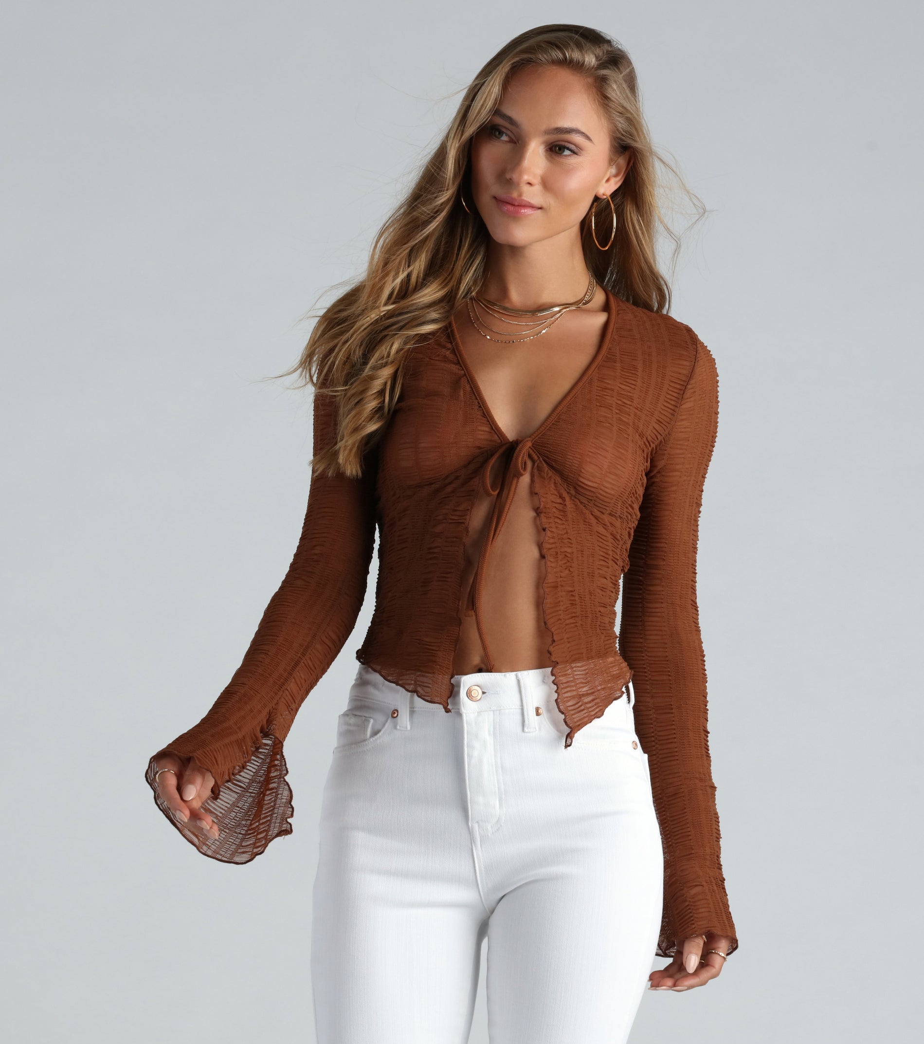 Trendy Textured Sheer Mesh Tie-Front Top