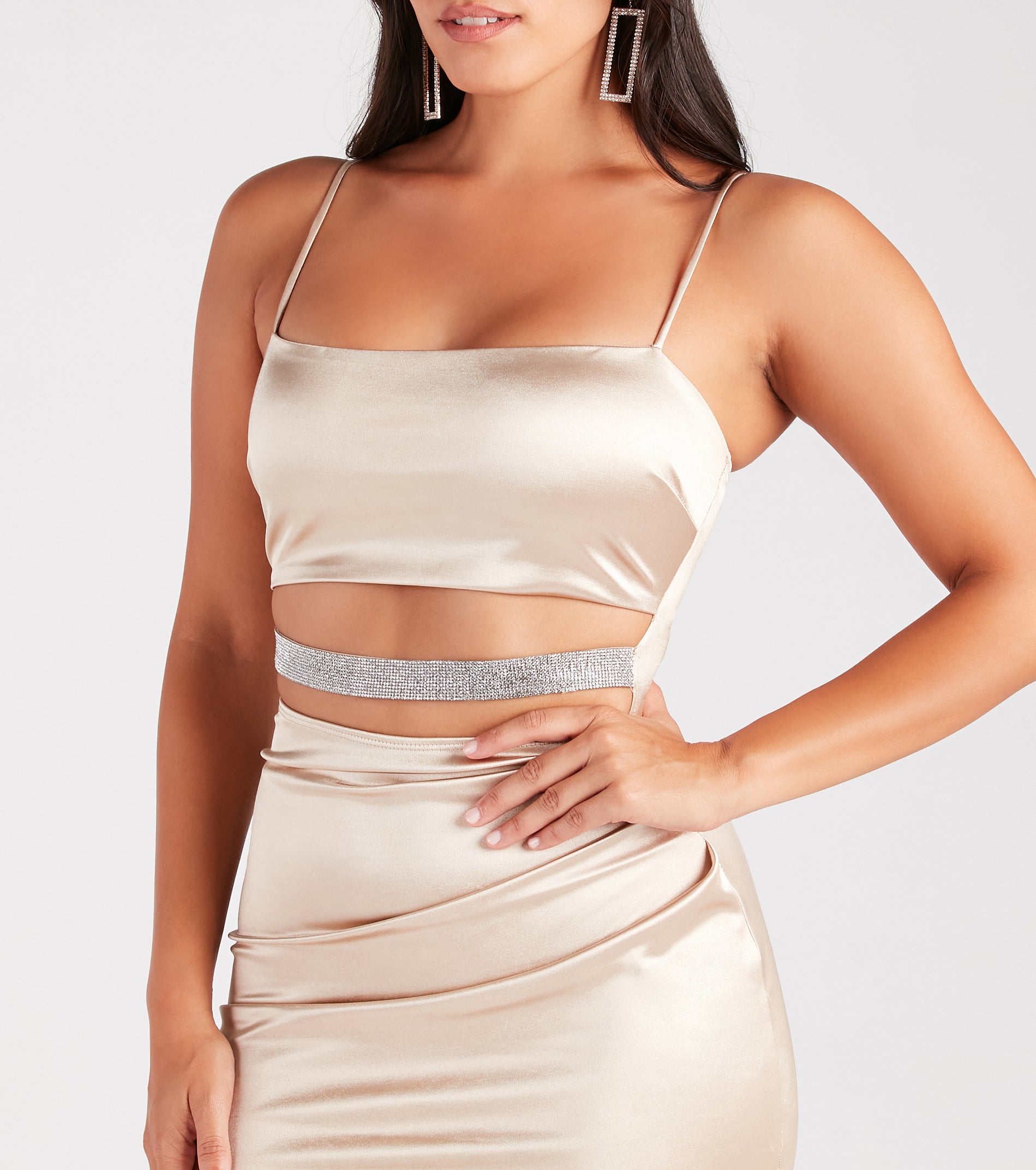 Glam Kind Of Girl Satin Rhinestone Midi Dress