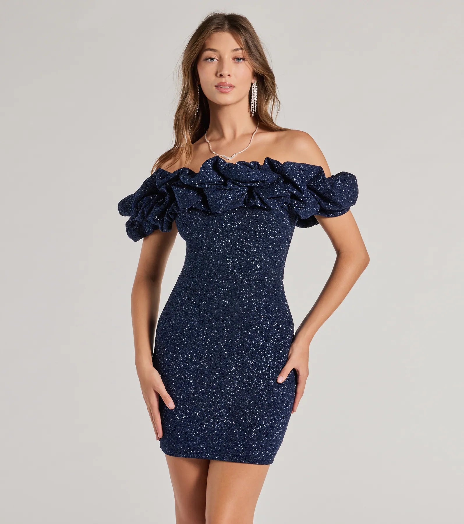 Ember Off-The-Shoulder Ruffle Glitter Party Dress