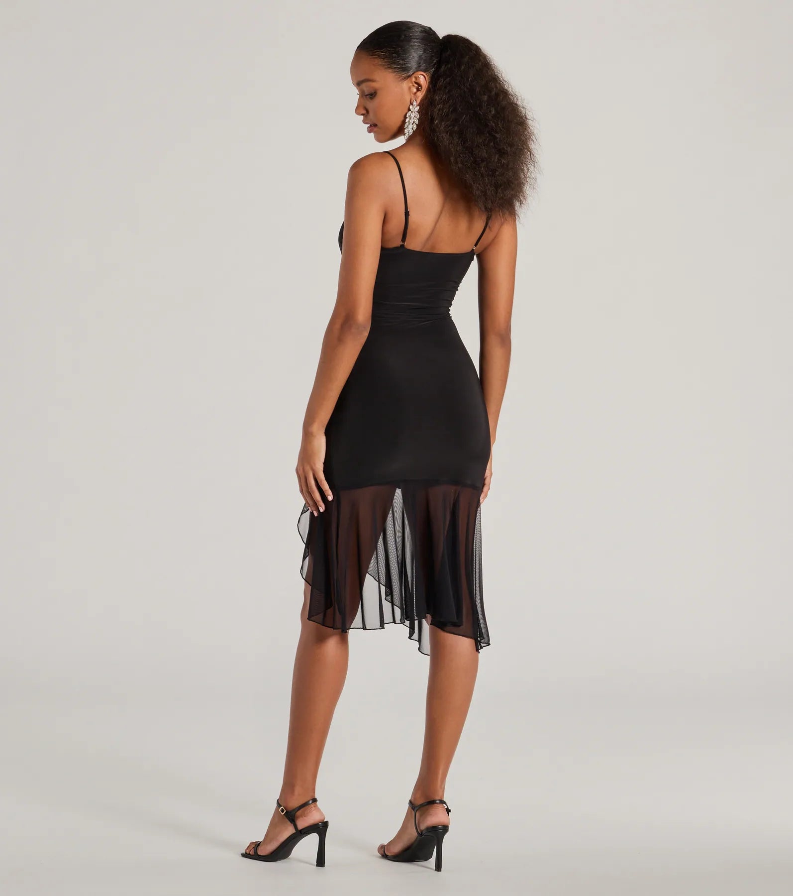 Dancing And Drinks Sleeveless Mesh Ruffle Midi Dress