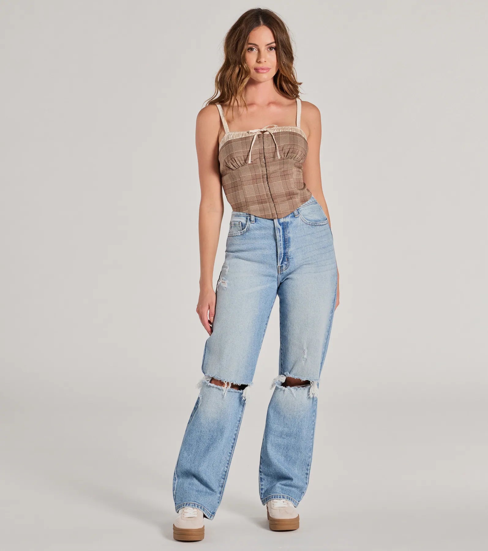 Pristine Classic Satin Trim Plaid Corset Crop Top