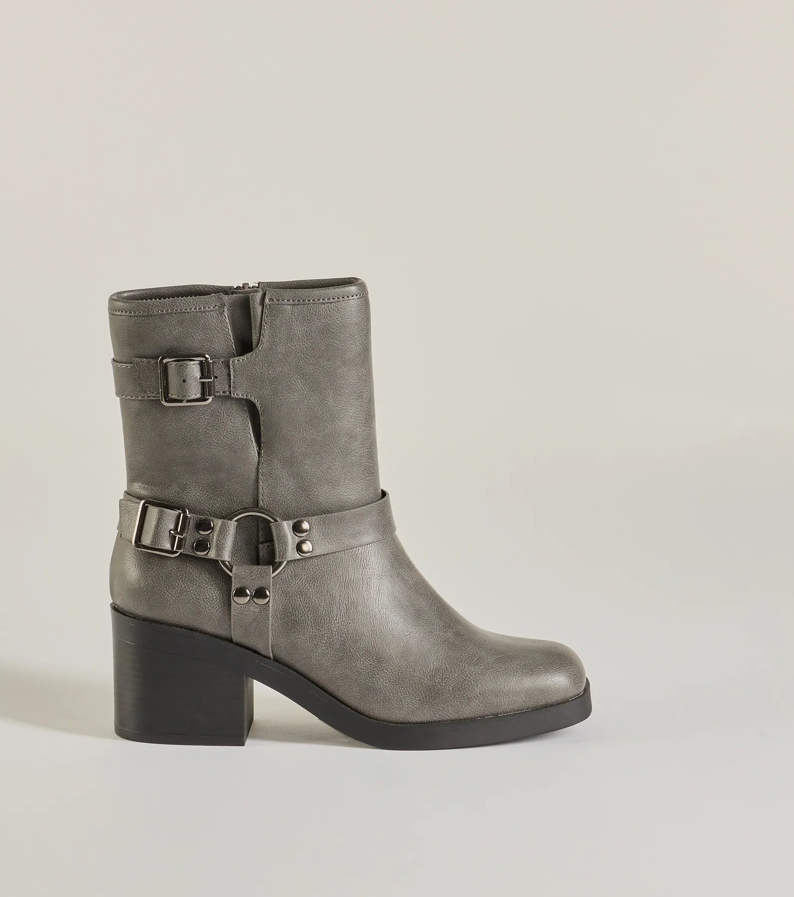 Moto Chic Buckled Faux Leather Ankle Booties