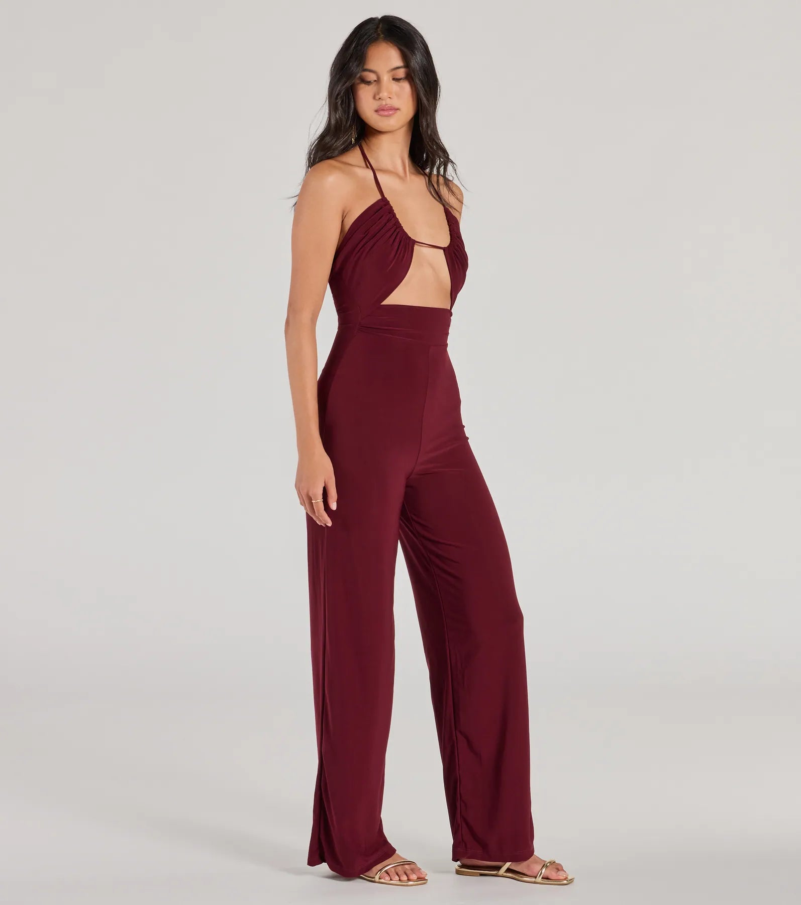 Enticing Sass Halter Cutout Wide-Leg Jumpsuit