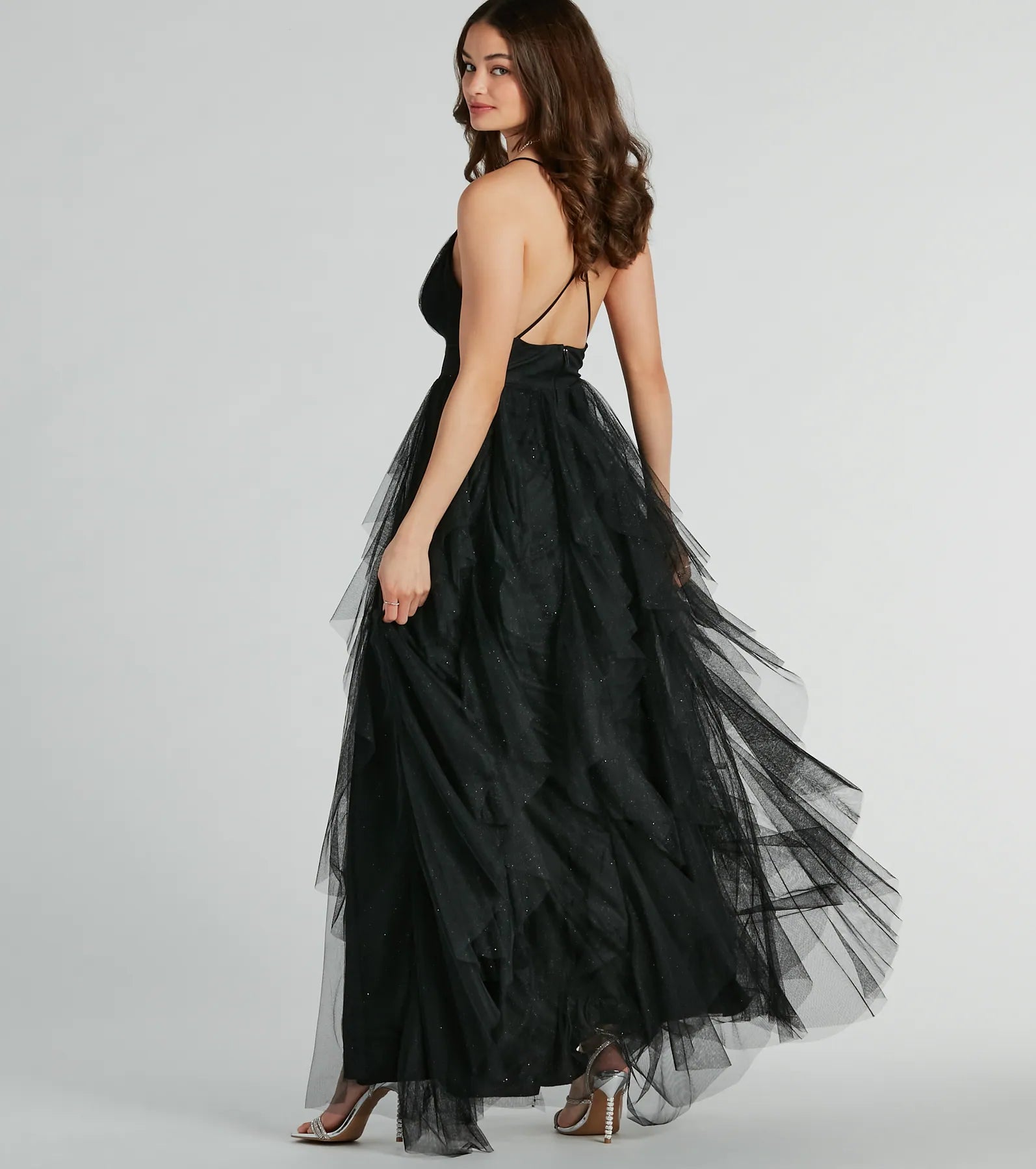 Wynonna V-Neck A-Line Ruffle Glitter Formal Dress