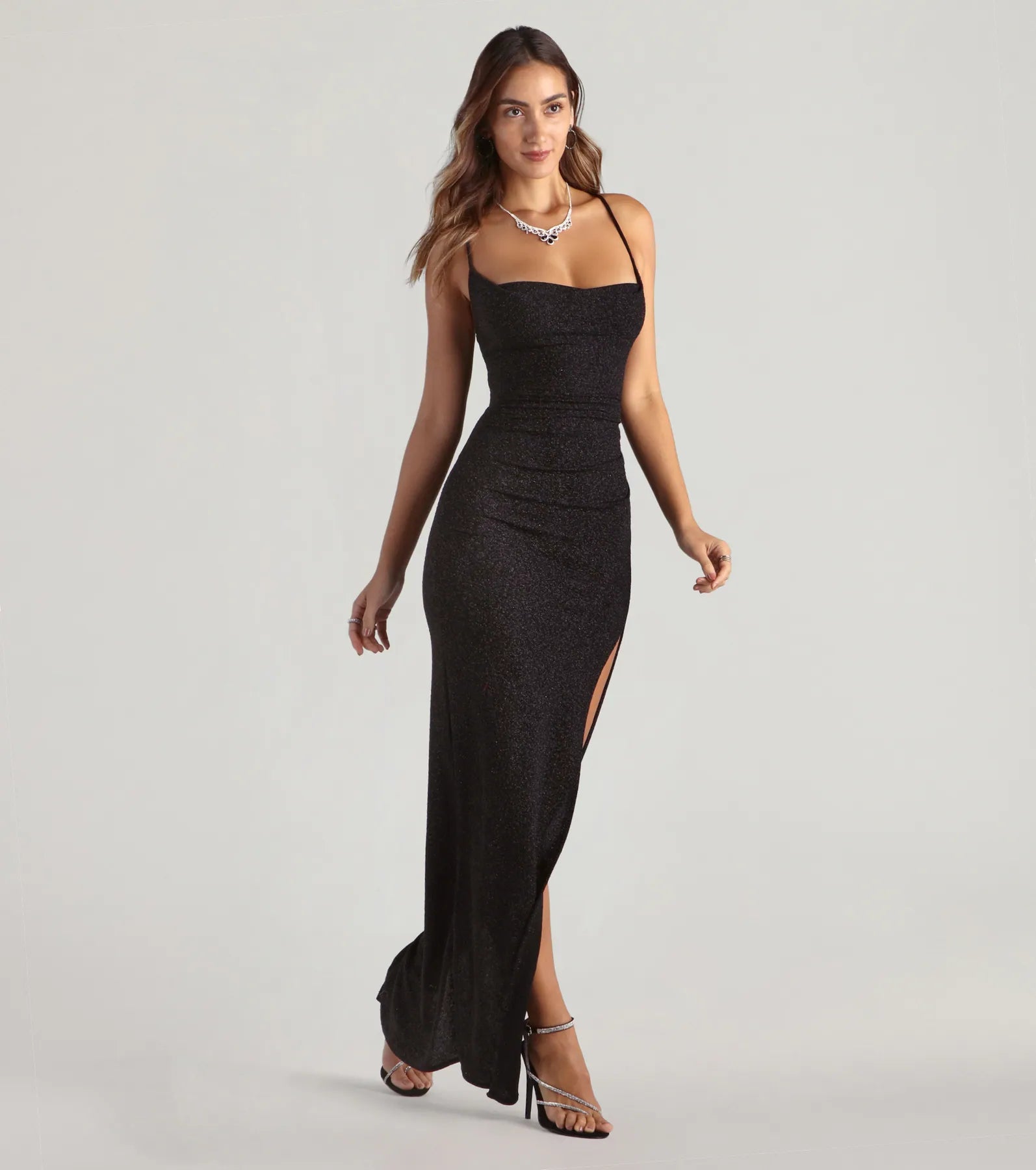 Amirah Formal Glitter Cowl Neck Long Dress