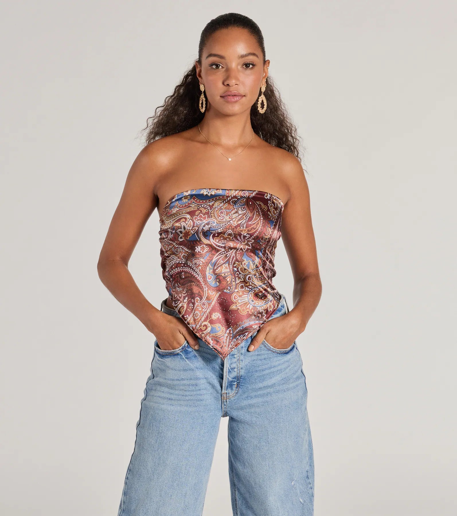 Sangria Sunset Strapless Paisley Satin Crop Top