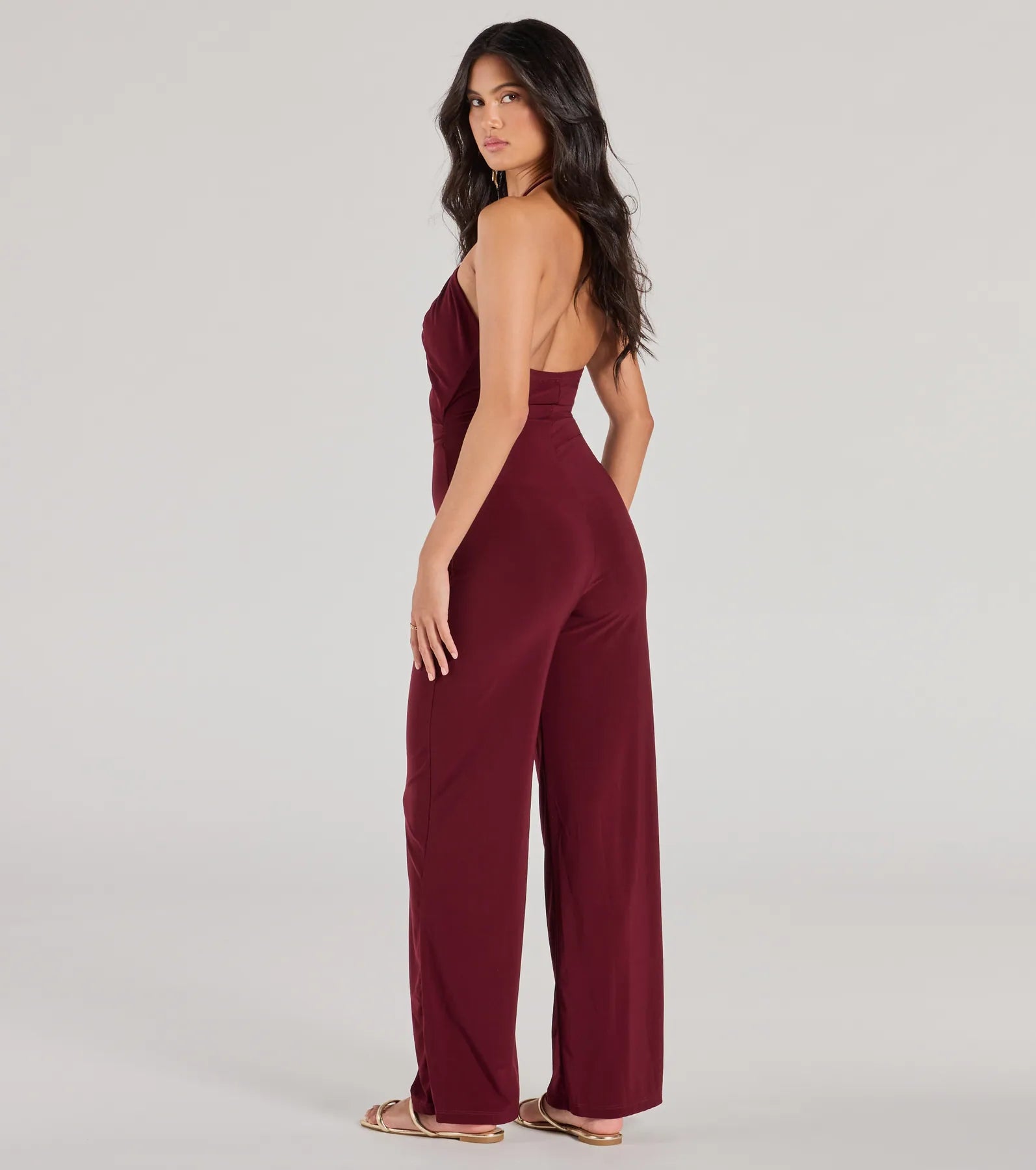 Enticing Sass Halter Cutout Wide-Leg Jumpsuit