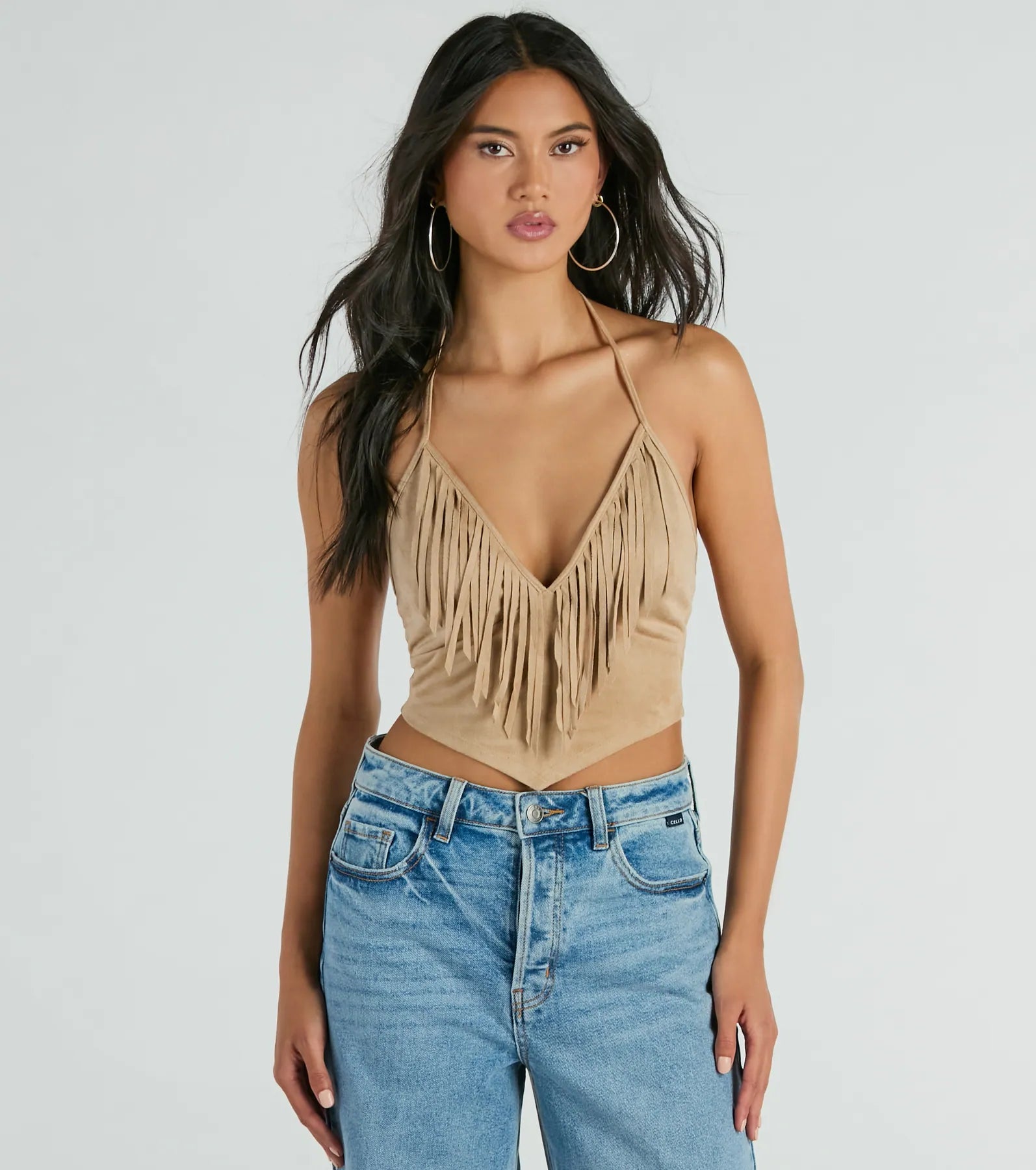 Festive Icon V-Neck Fringe Halter Faux Suede Crop Top