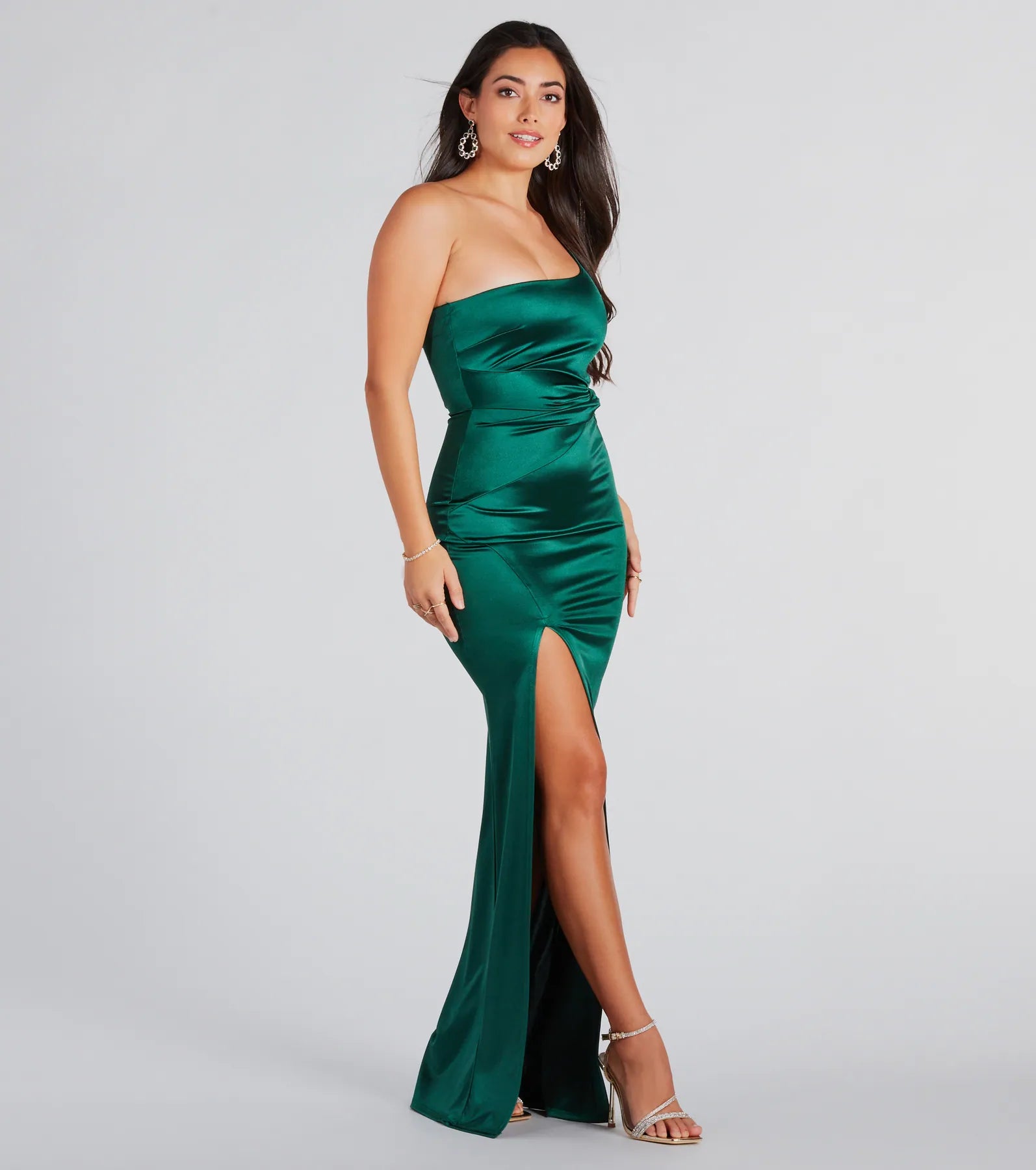 Kori Formal Satin One-Shoulder Slit Long Dress