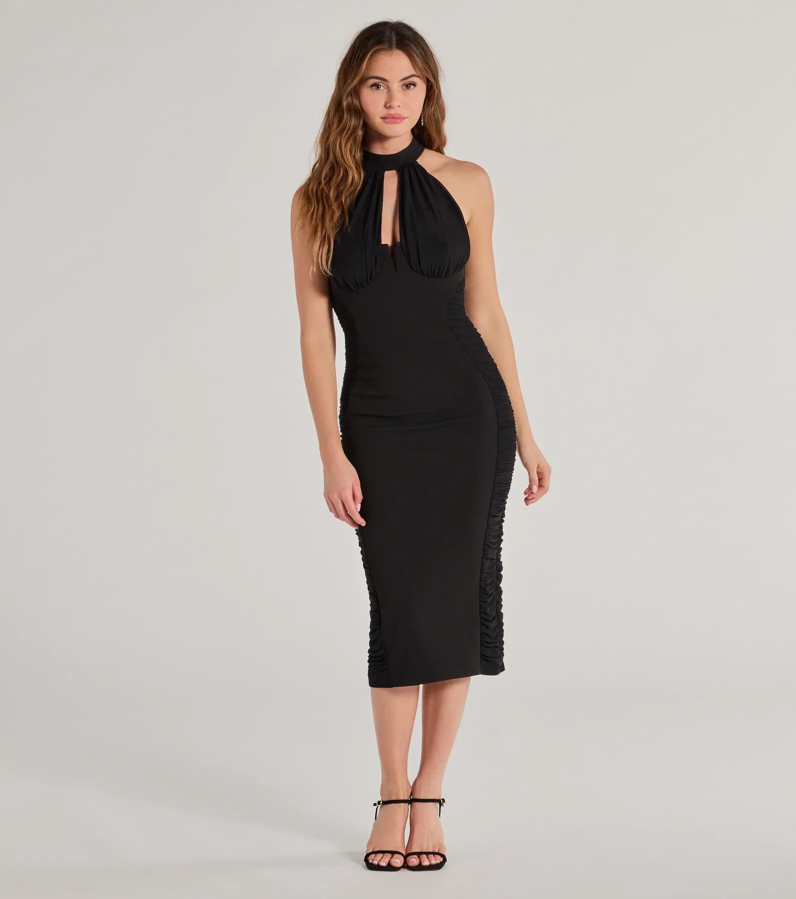 Mina Formal High Neck Ruched Midi Dress