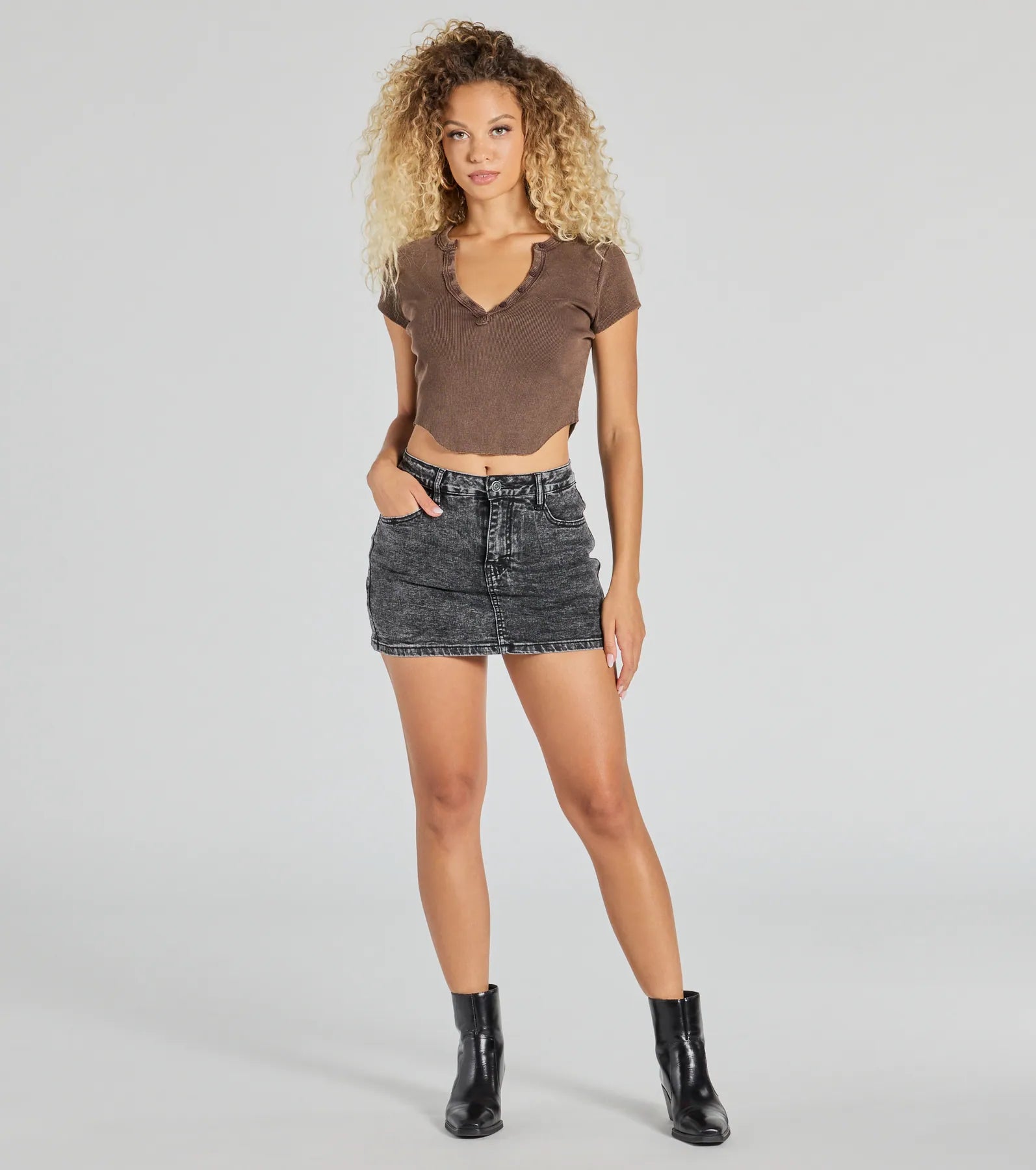 Girl Next Door Ribbed Knit Henley Crop Top