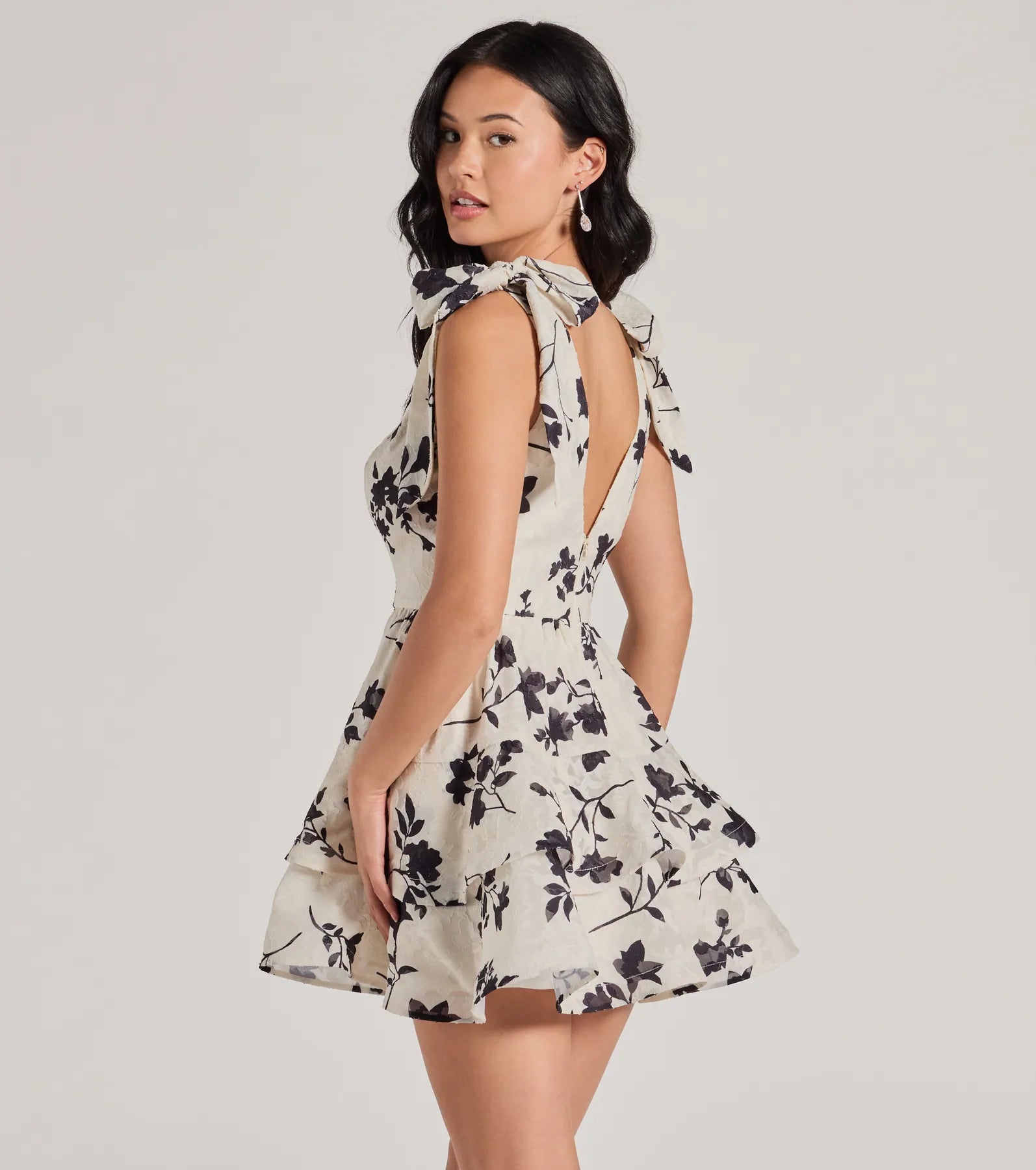 Chantel Bow Tie V-Neck Floral Ruffle Skater Dress