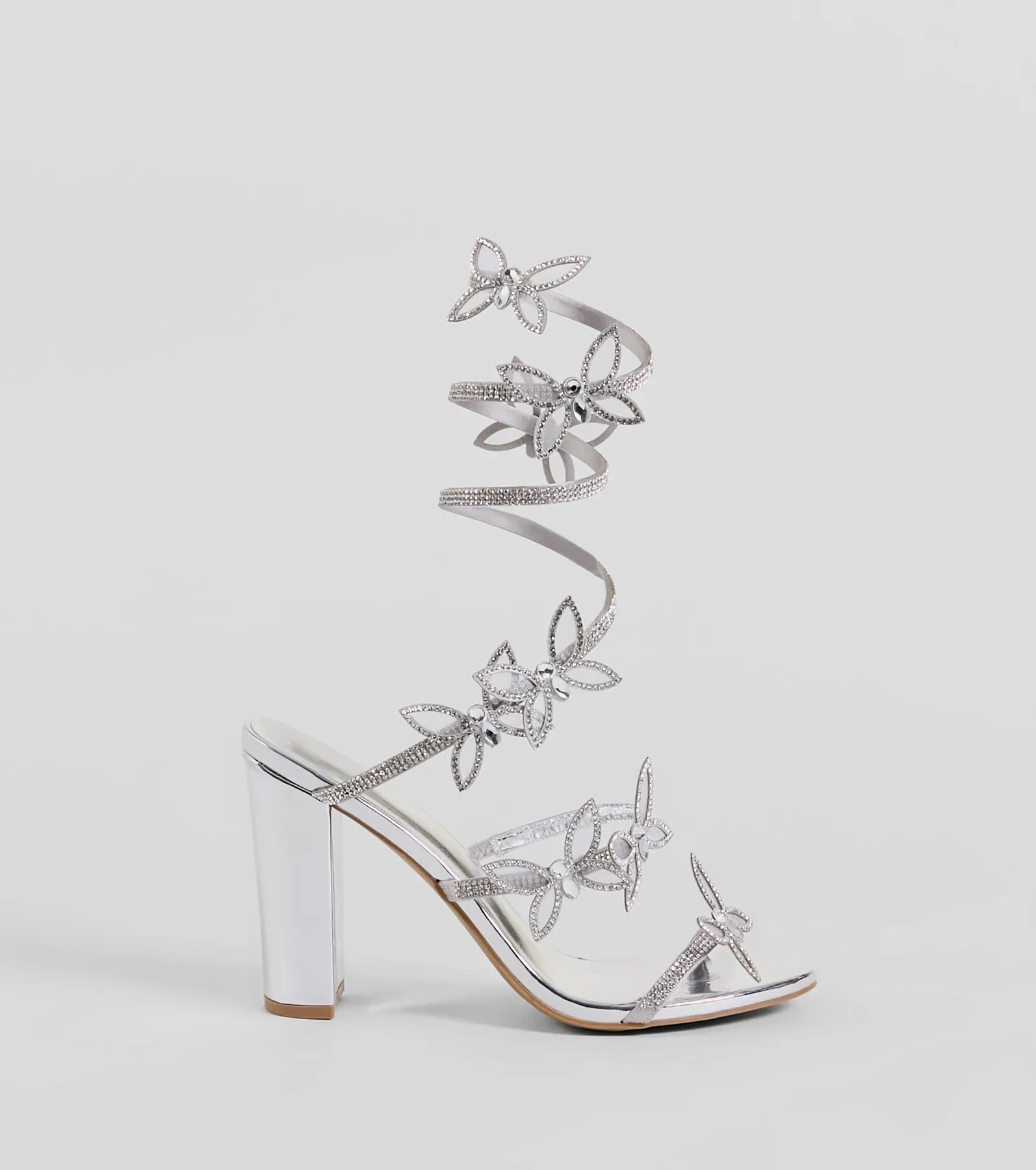 Dreamy Rhinestone Butterfly Spiral Metallic Heels